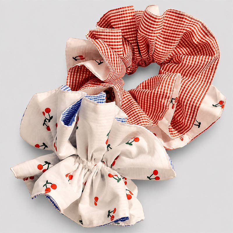 Cherry Gingham Ruffle Hair Scrunchie: Blue / One Size