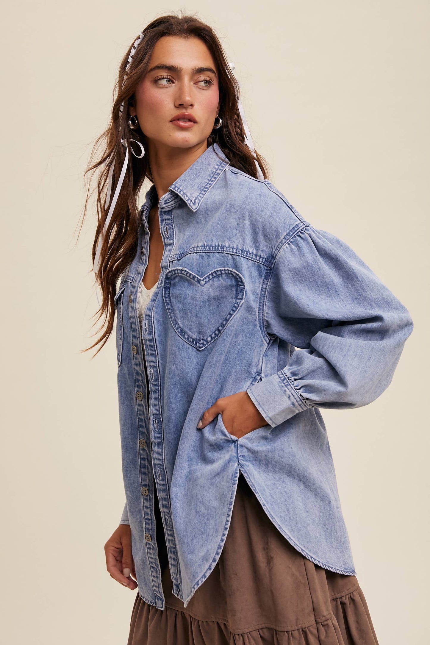 Heart Detail Oversized Denim Shirt/ Light Denim