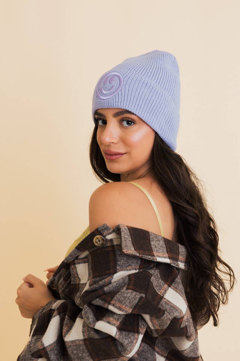 Happy Face Embroidered Ribbed Knit Beanie (Choose a color)