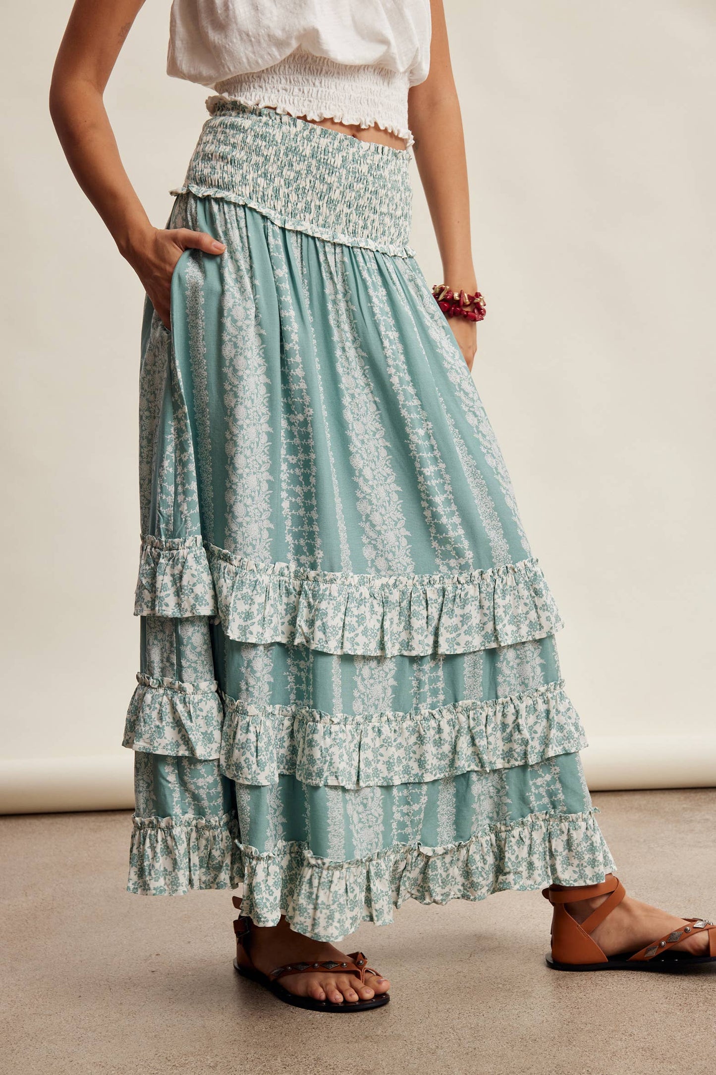 Mixed Print Tiered Maxi Skirt/ Sage