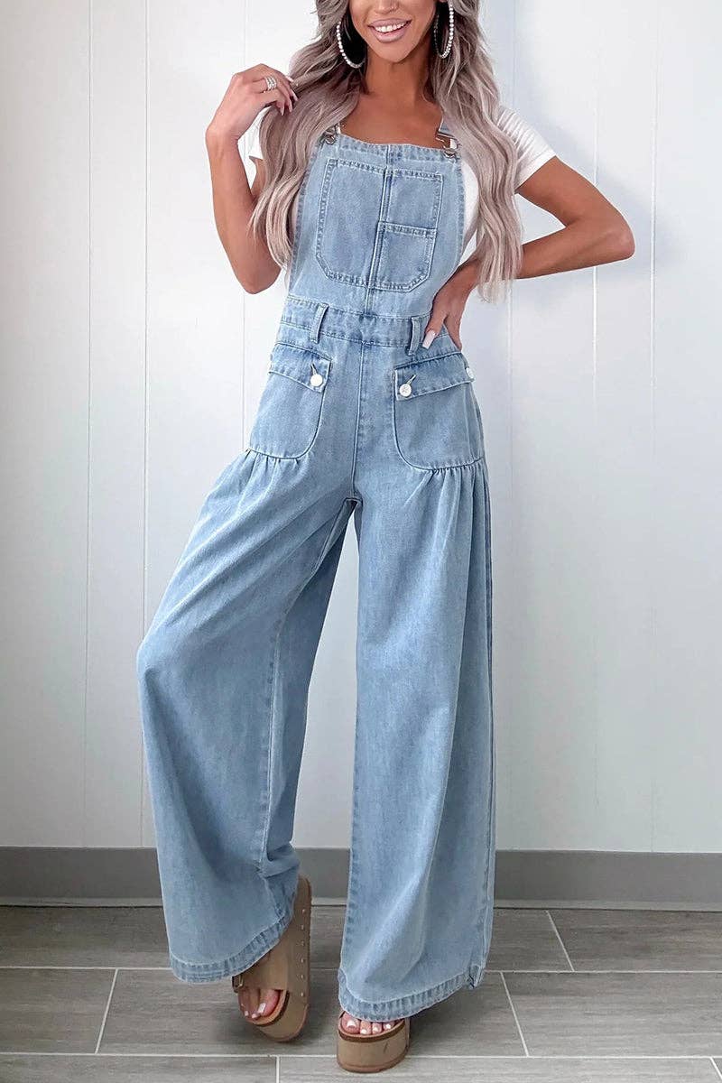 Wide-Leg Denim Overall Jumpsuit: BLUE