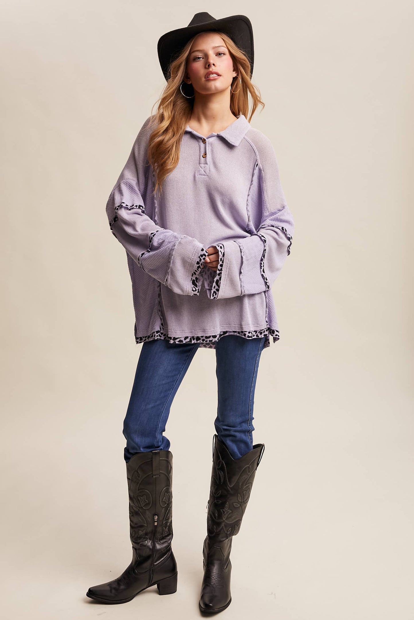Leopard Trim Collared Thermal Top/ Lilac