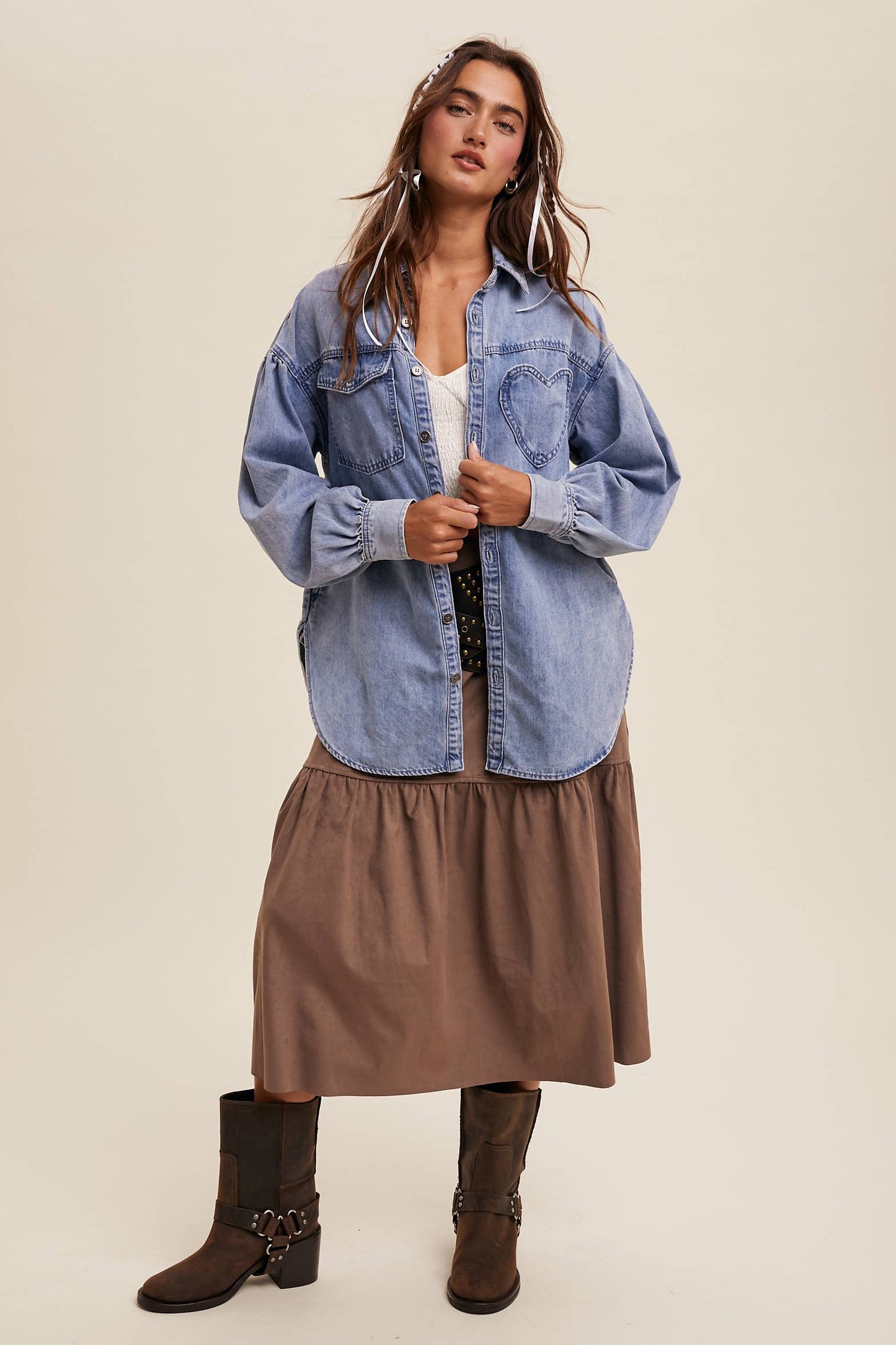 Heart Detail Oversized Denim Shirt/ Light Denim