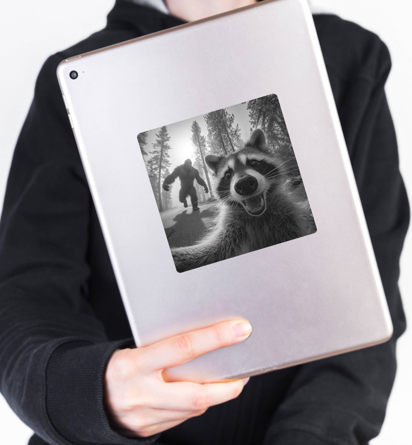 Raccoon Selfie Sasquatch Sticker | Funny Cryptid Vinyl Stick: 2" tall