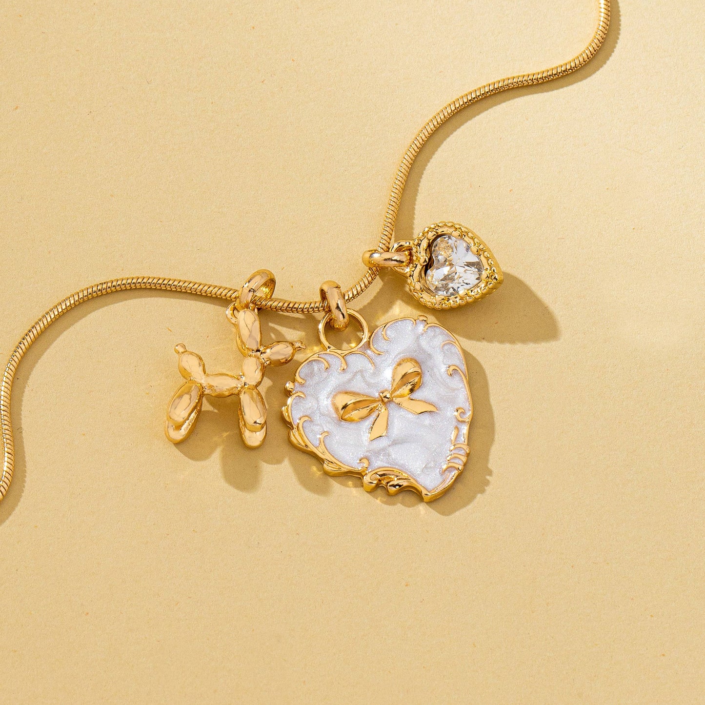 Bow Heart & Balloon Dog Crystal Charm Necklace/ Gold