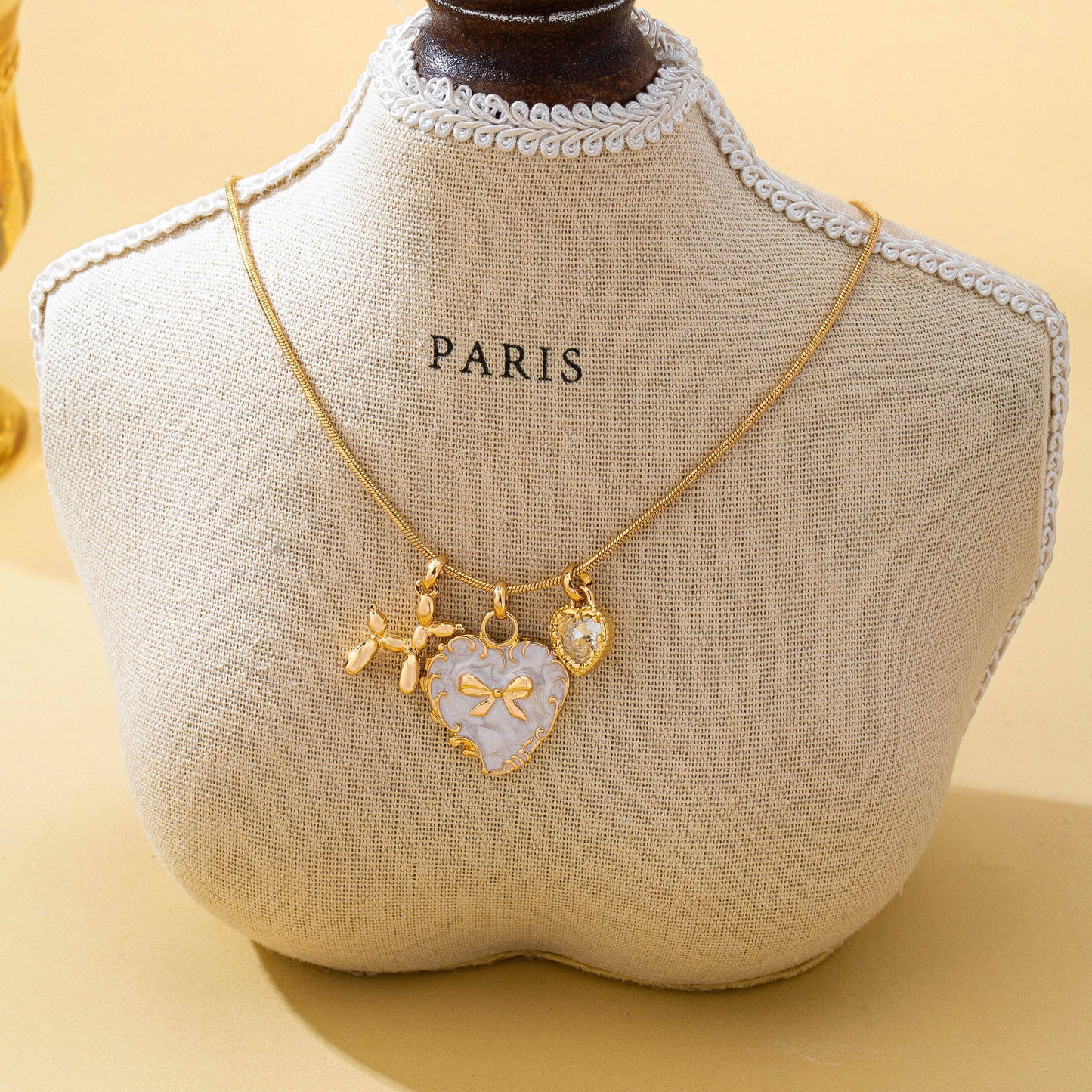 Bow Heart & Balloon Dog Crystal Charm Necklace/ Gold