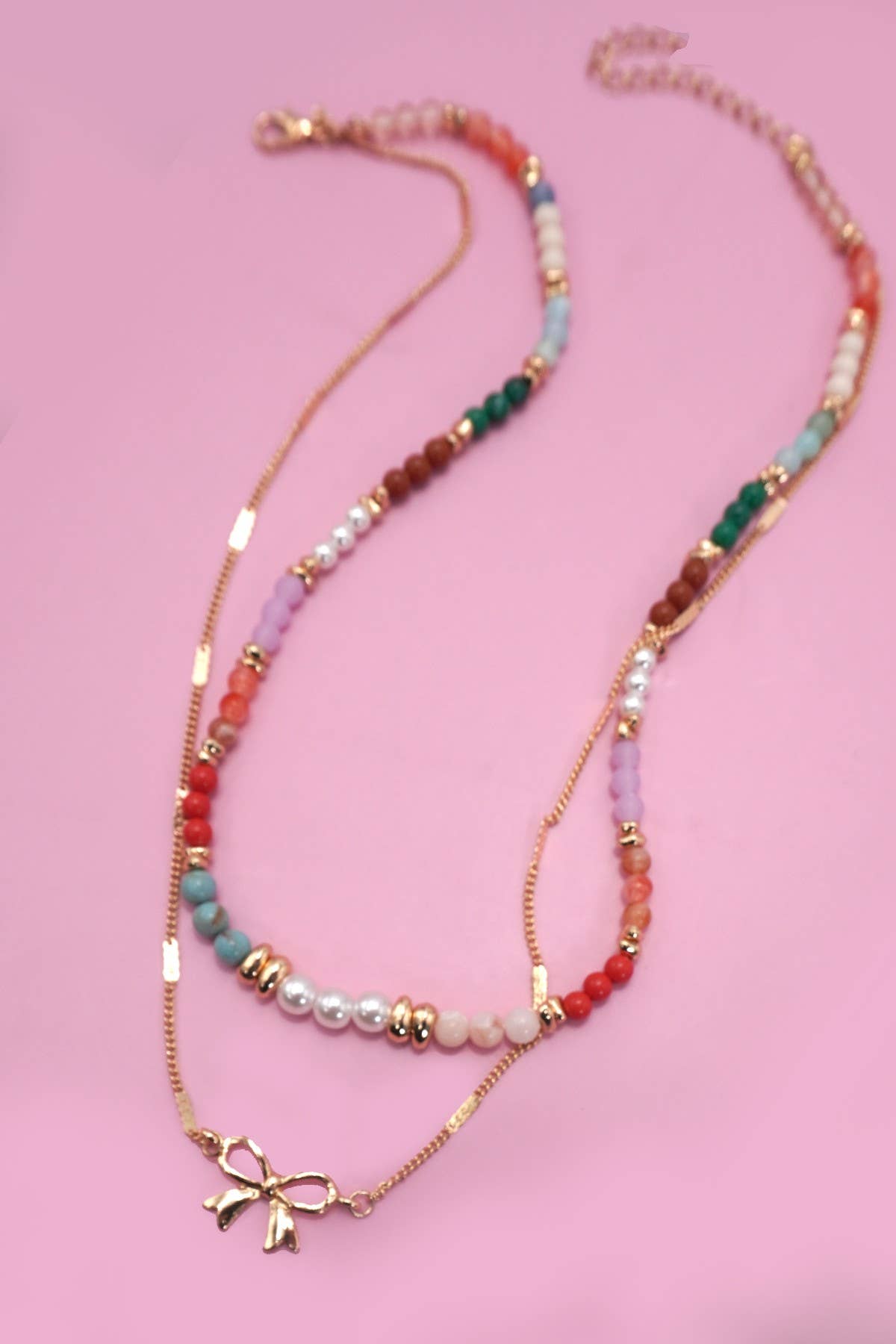 MULTI BEADED BOW CHARM DOUBLE LAYER NECKLACE