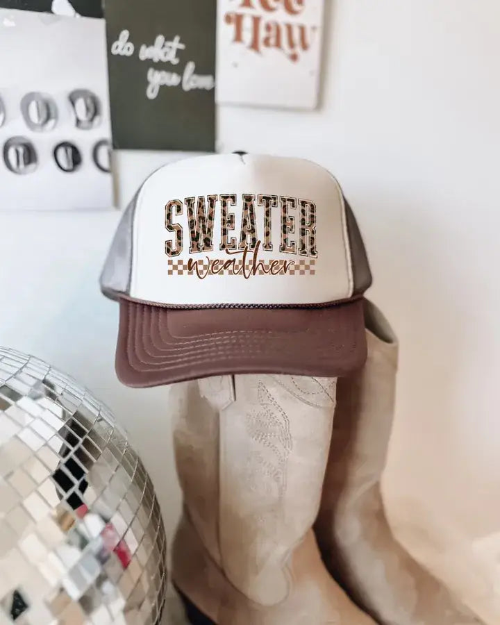 Leopard Sweater Weather Trucker Hat: Chocolate/Tan Trucker Hat