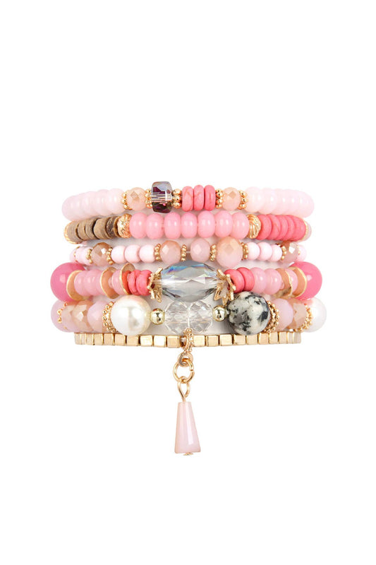 MULTI-STONE BEADS STACKABLE BRACELETS: PINK / ONE SIZE