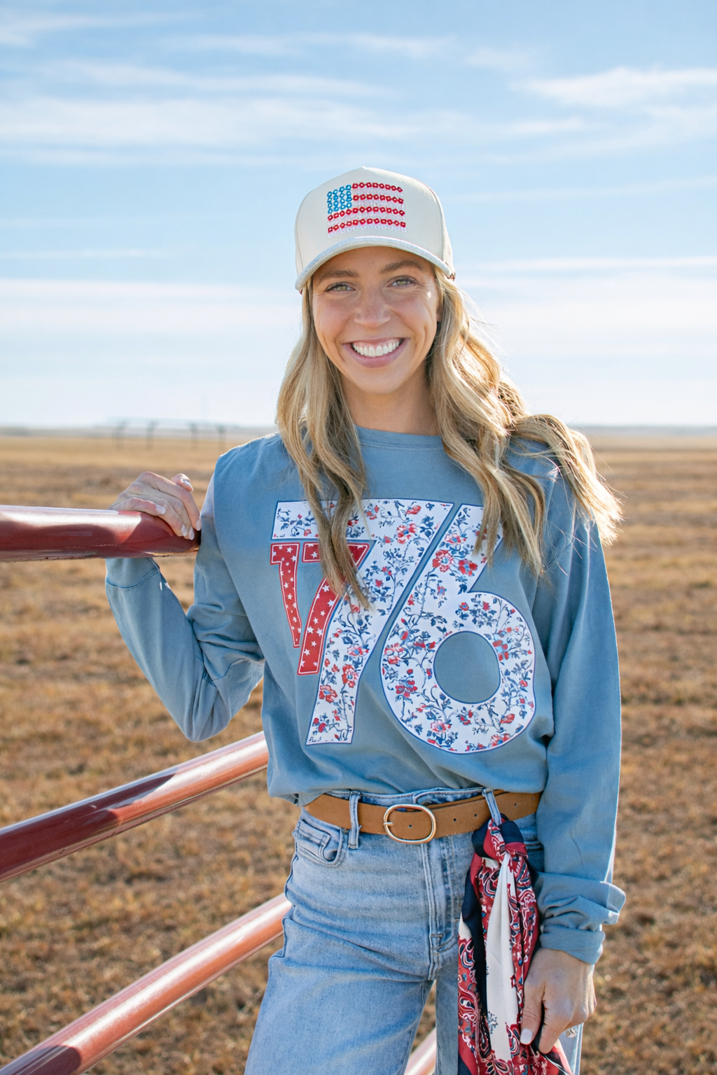 Western Patriotic Floral '1776' Blue Graphic Long Sleeve