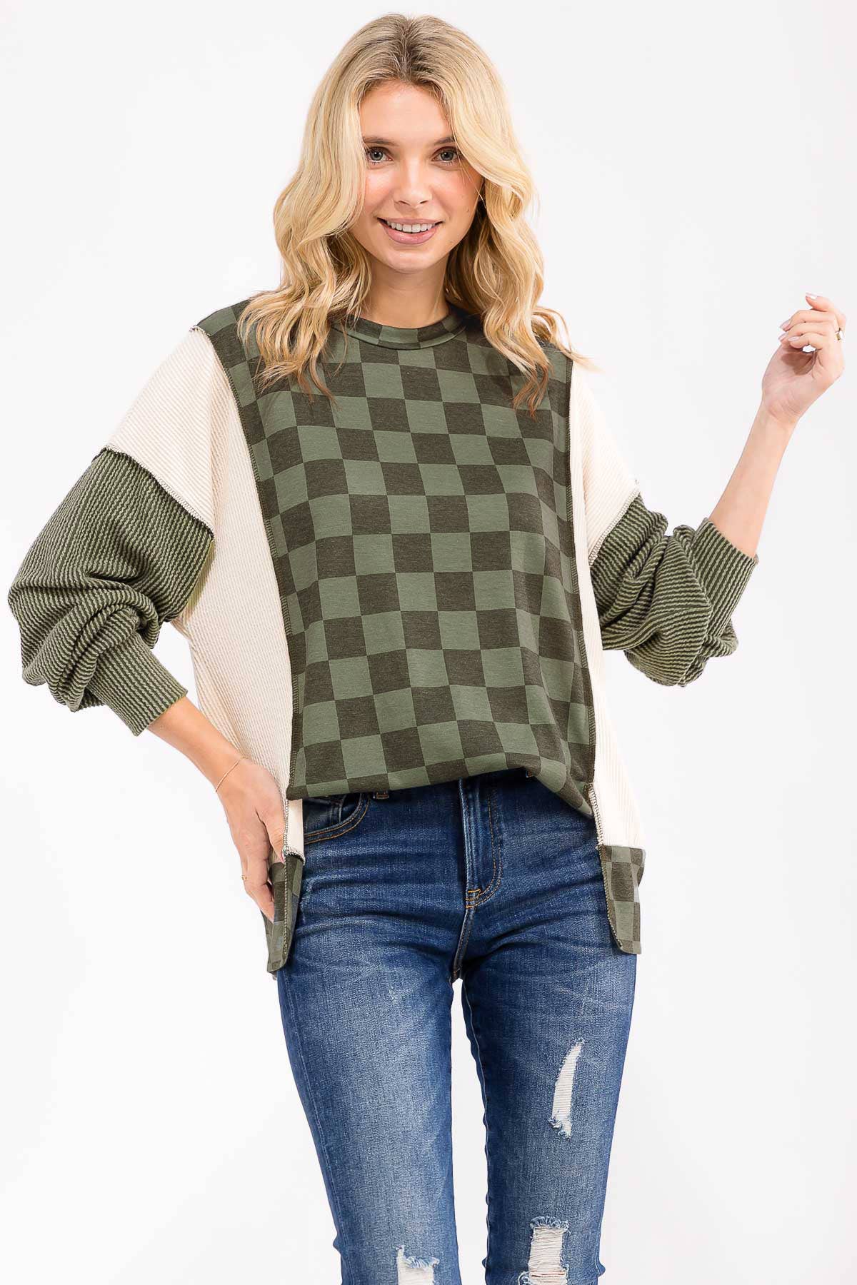 Checkered Print Long Sleeve Pullover Top/ Olive