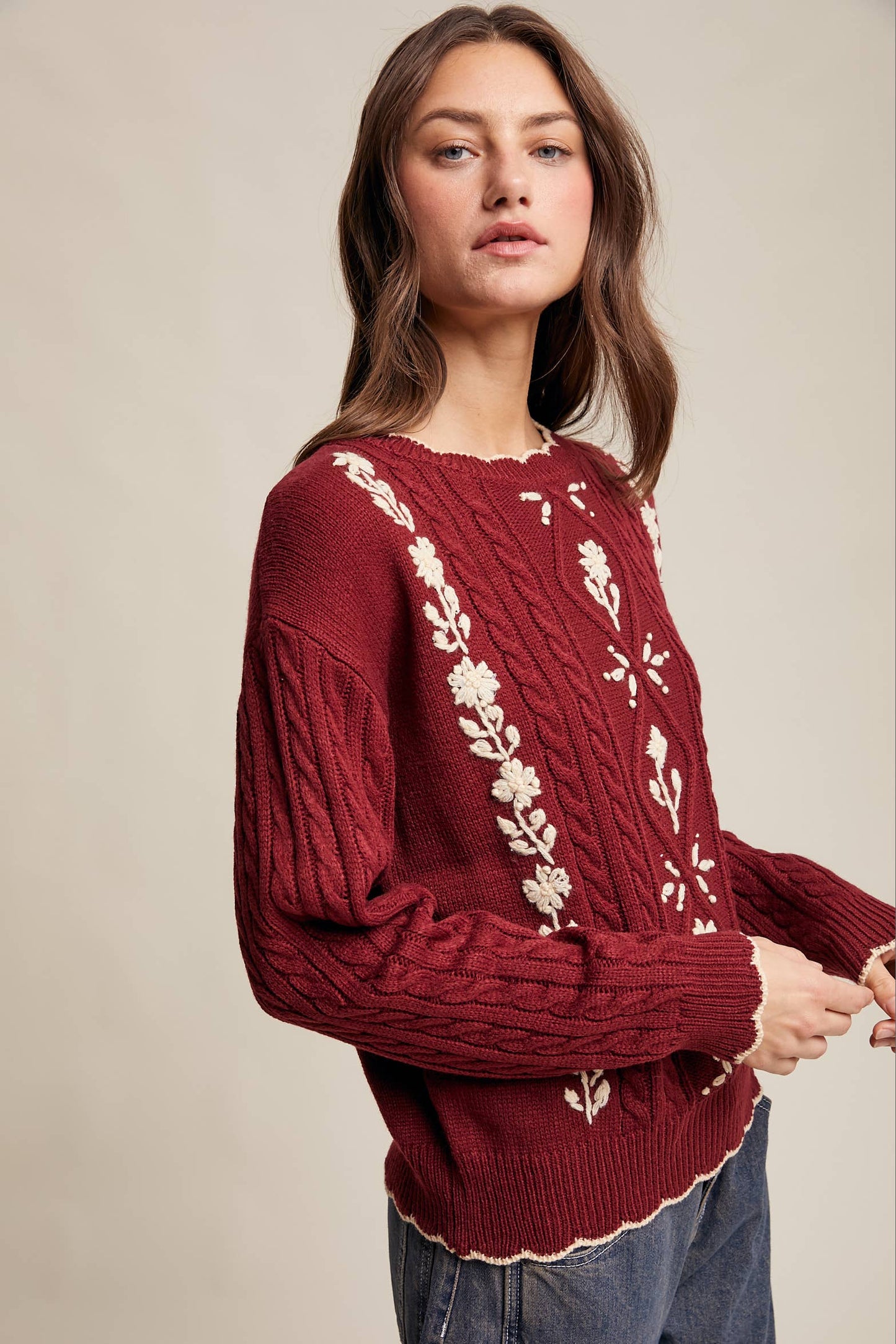 Floral Embroidered Cable Knit Sweater-cabernet