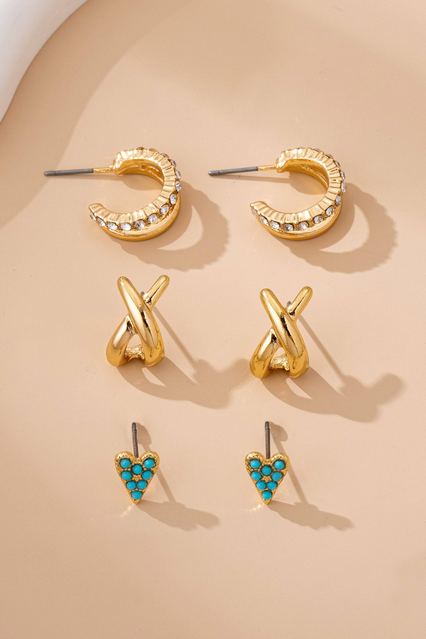 Turquoise & Crystal Mixed Earring Set/ GOLD