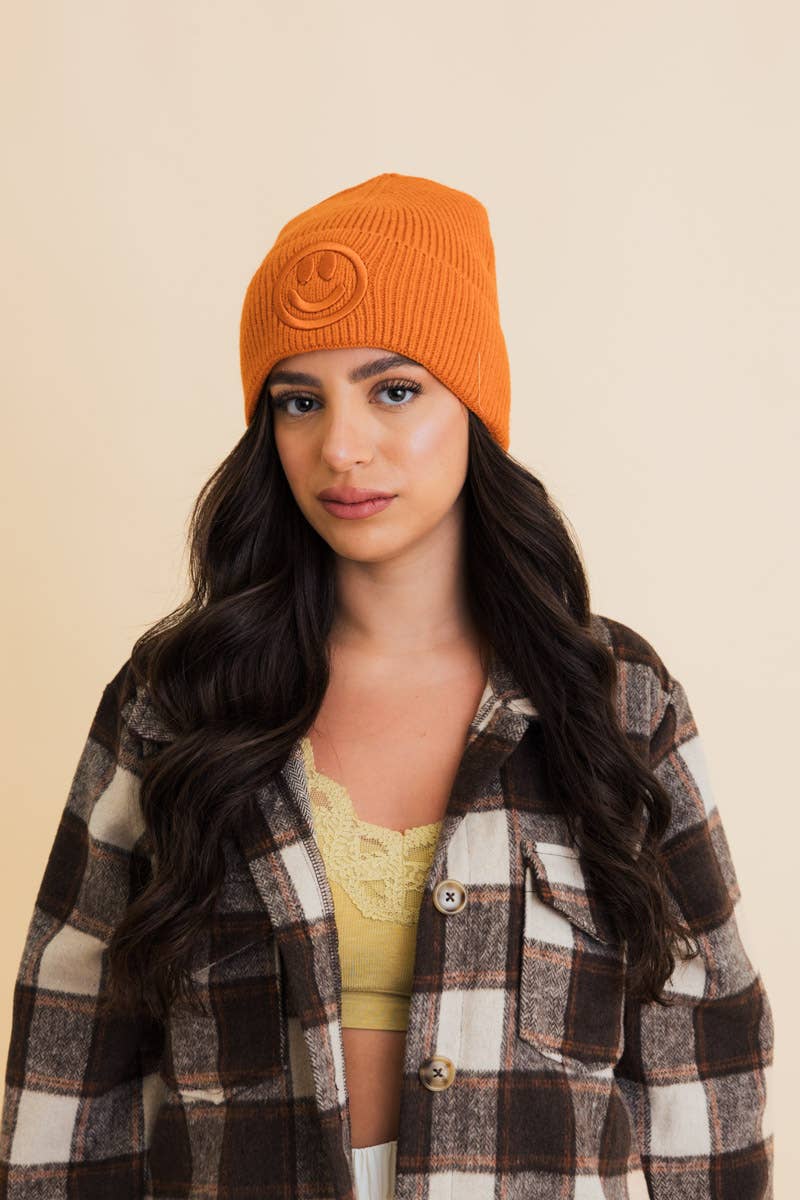 Happy Face Embroidered Ribbed Knit Beanie (Choose a color)