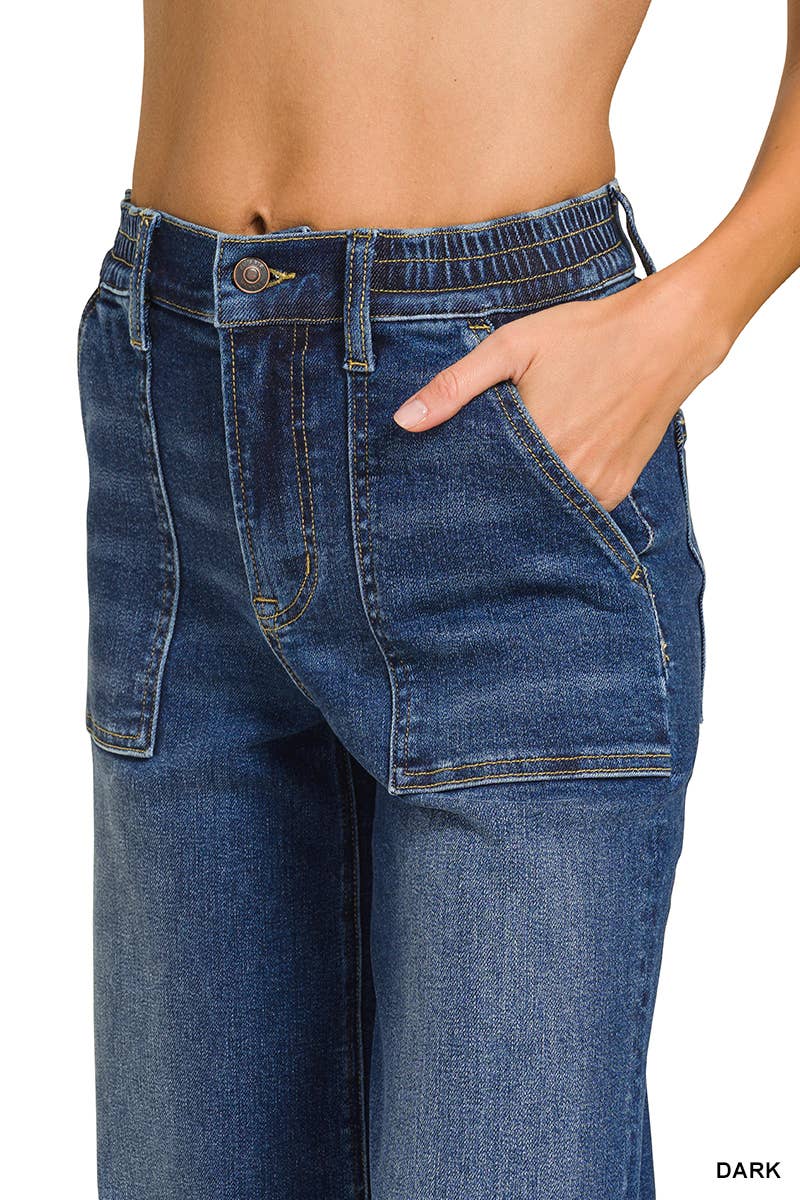 High-Rise Wide Leg Patch Pocket Crop Jeans- DARK