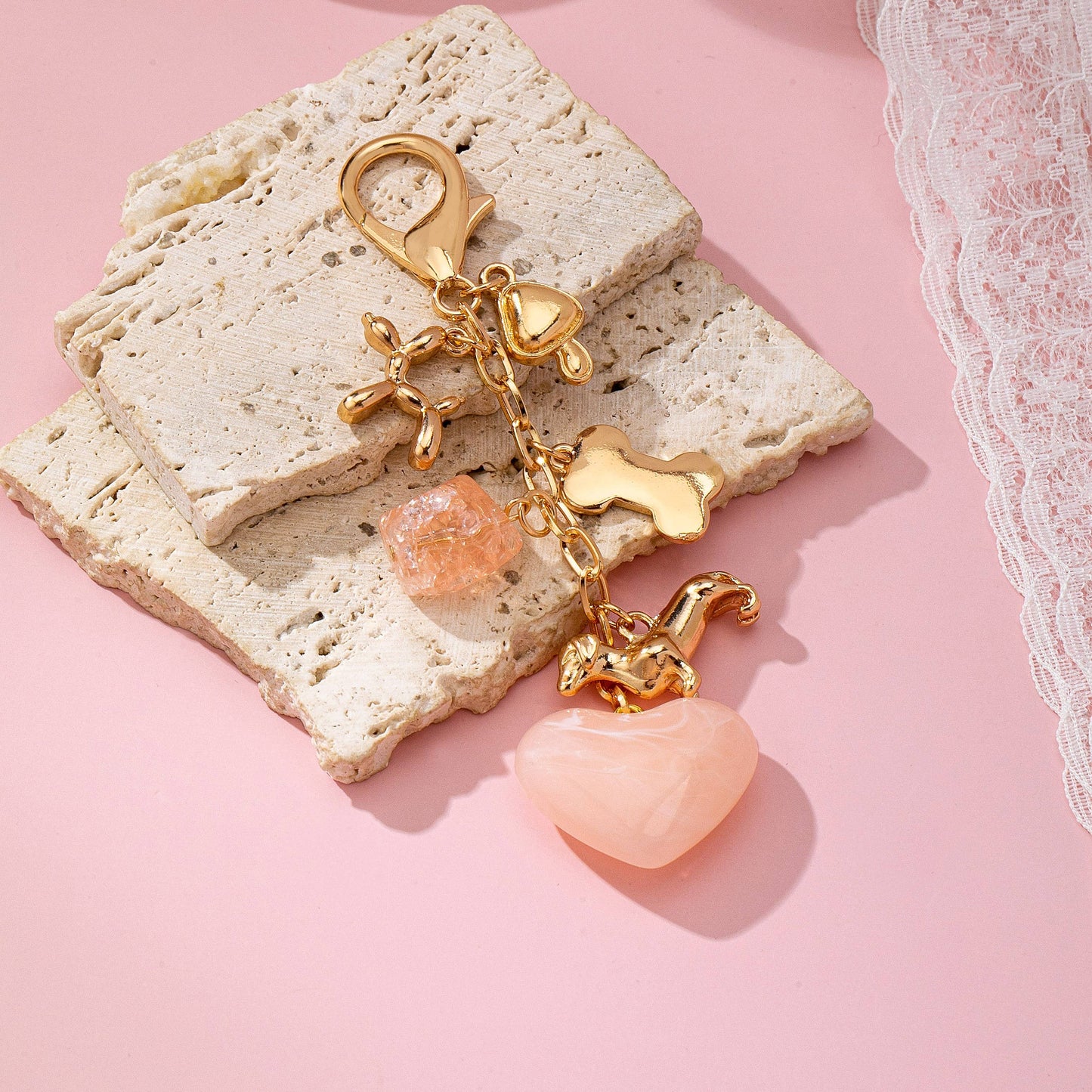 BAG CHARM-HEART DOG BONE BAG CHARM KEY CHAIN/ Gold