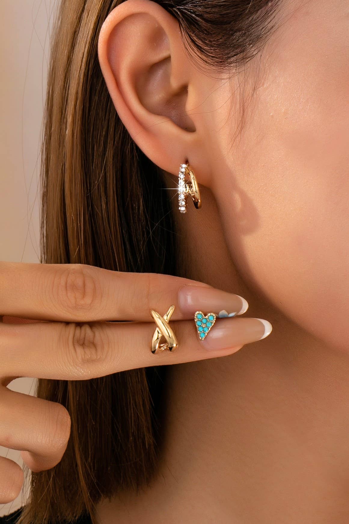 Turquoise & Crystal Mixed Earring Set/ GOLD