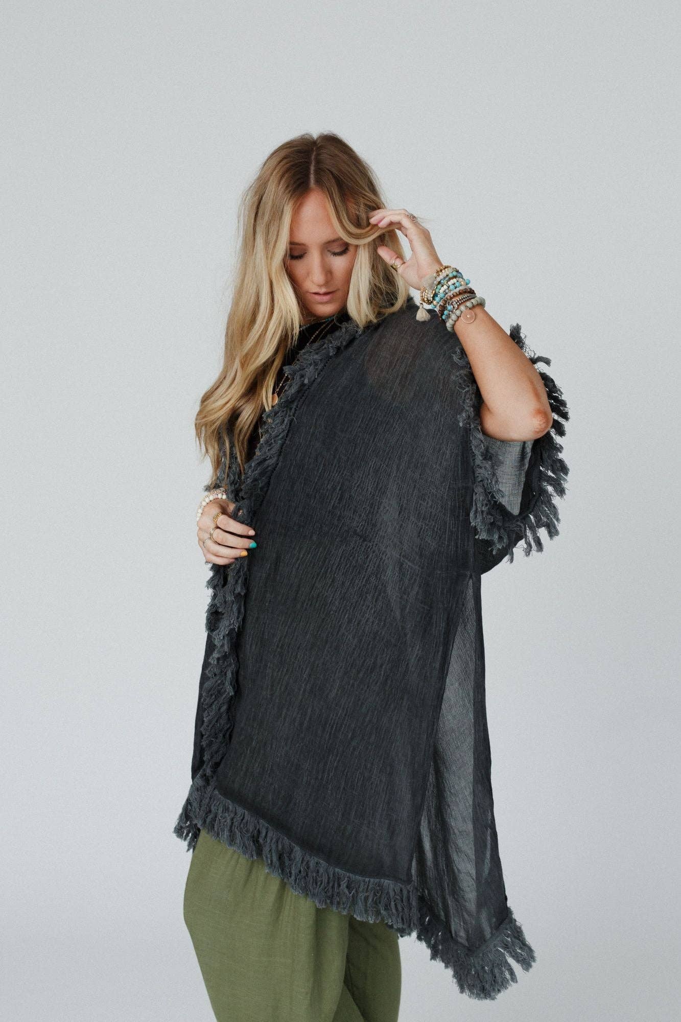 On The Edge Fringe Kimono - Charcoal: OS