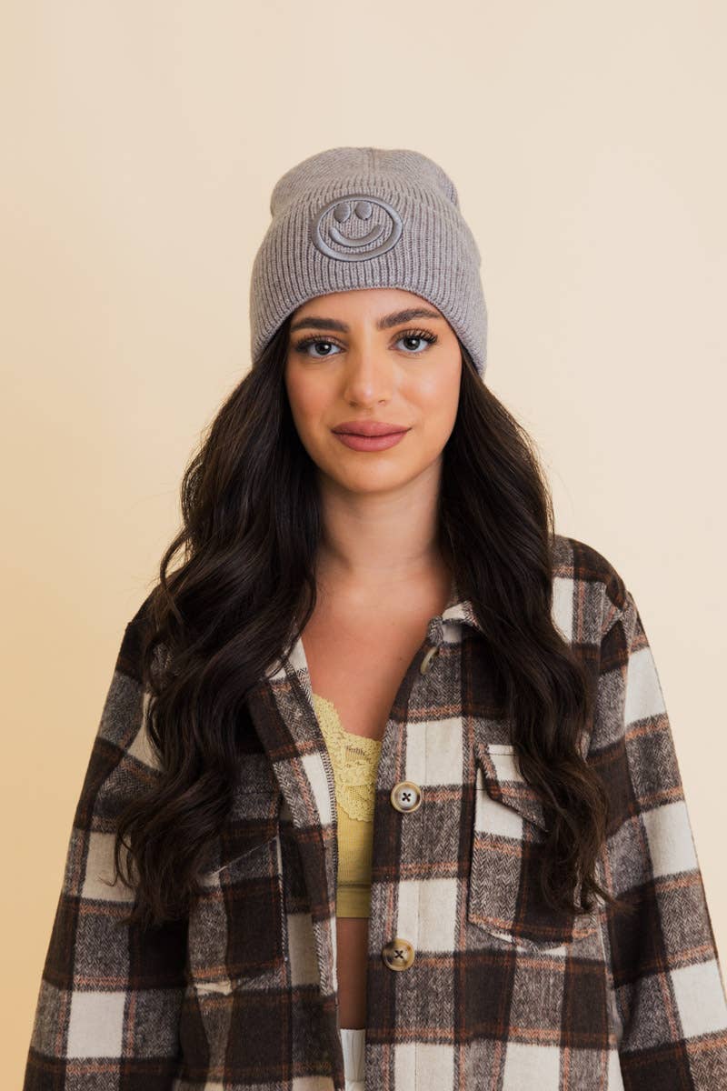 Happy Face Embroidered Ribbed Knit Beanie (Choose a color)