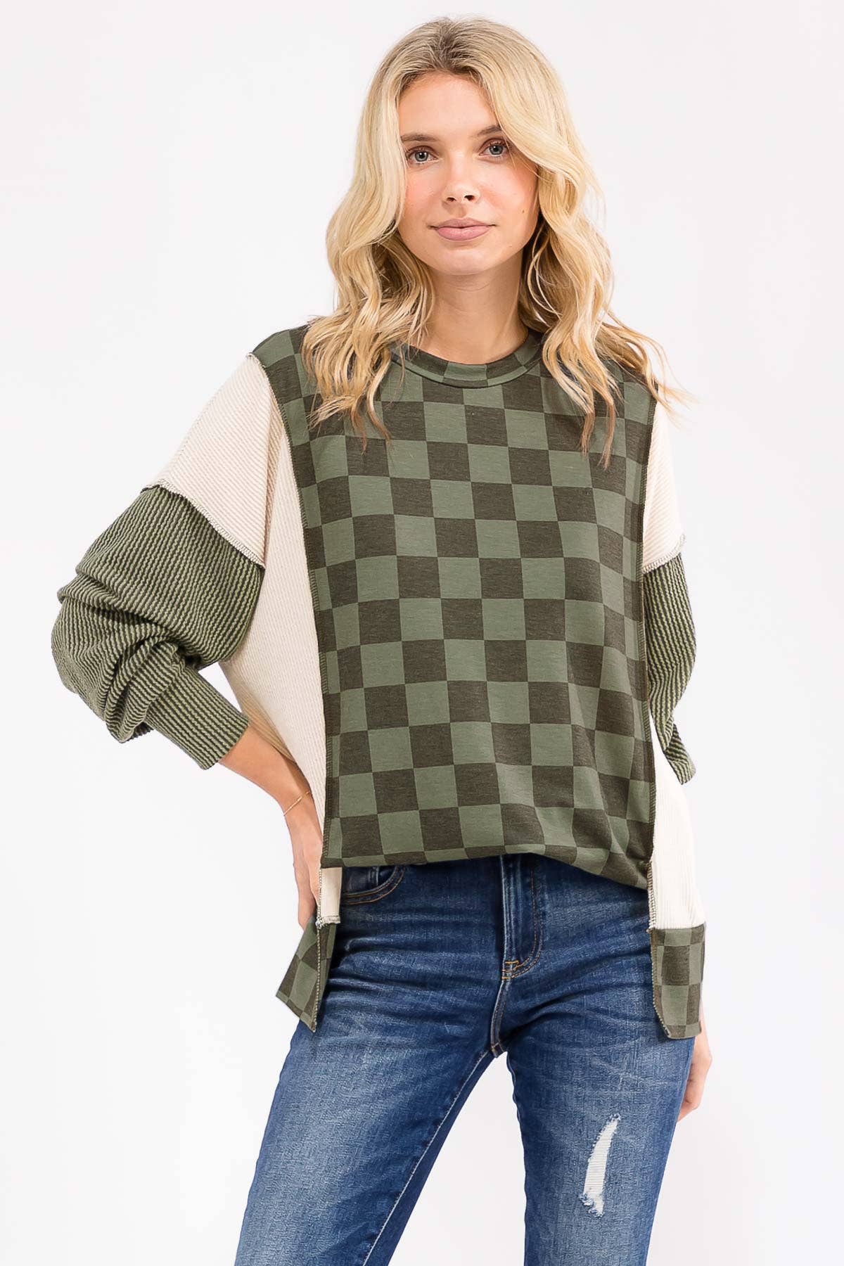 Checkered Print Long Sleeve Pullover Top/ Olive