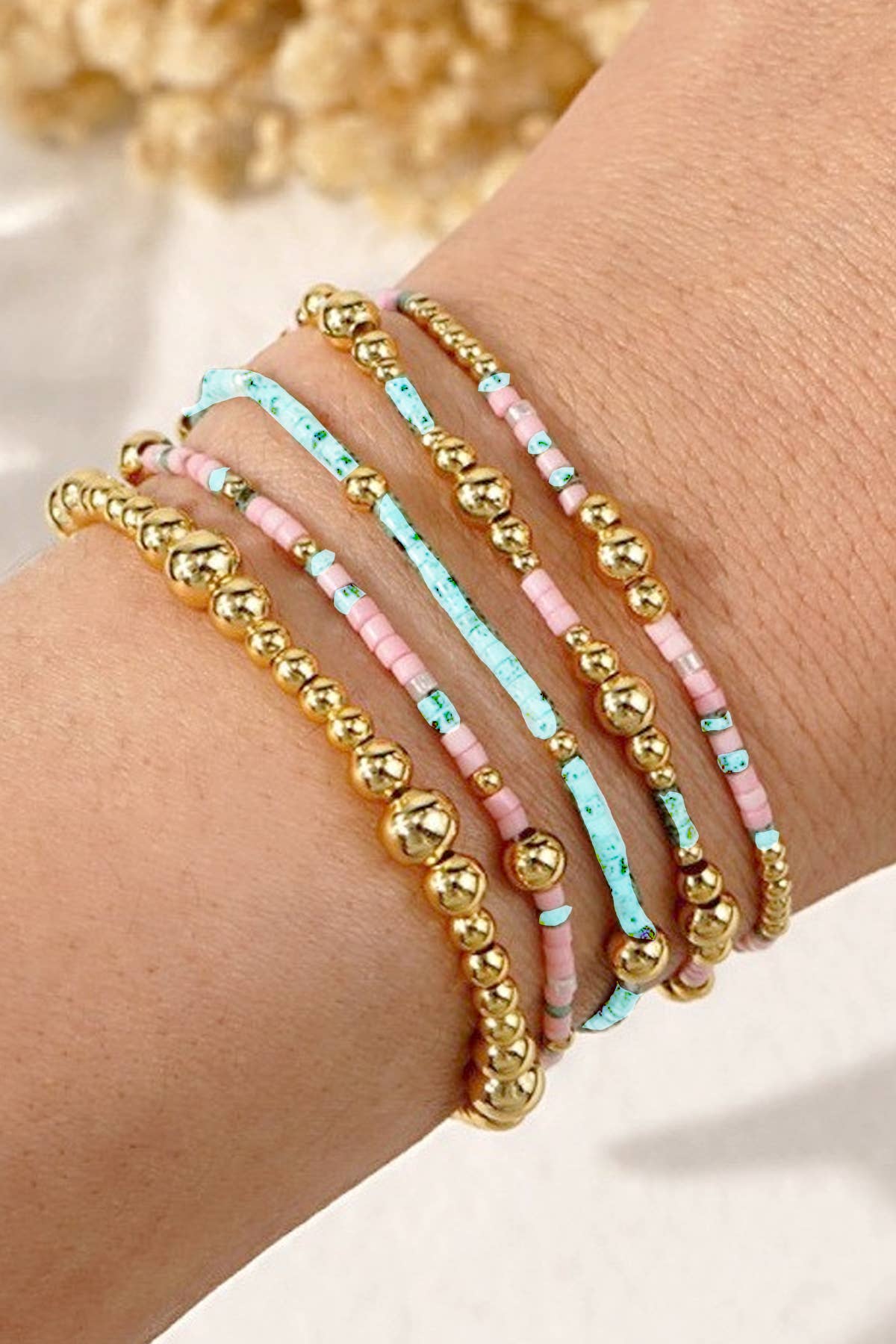 MULTI LAYER NATURAL STONE BALL CHAIN LINK BRACELET