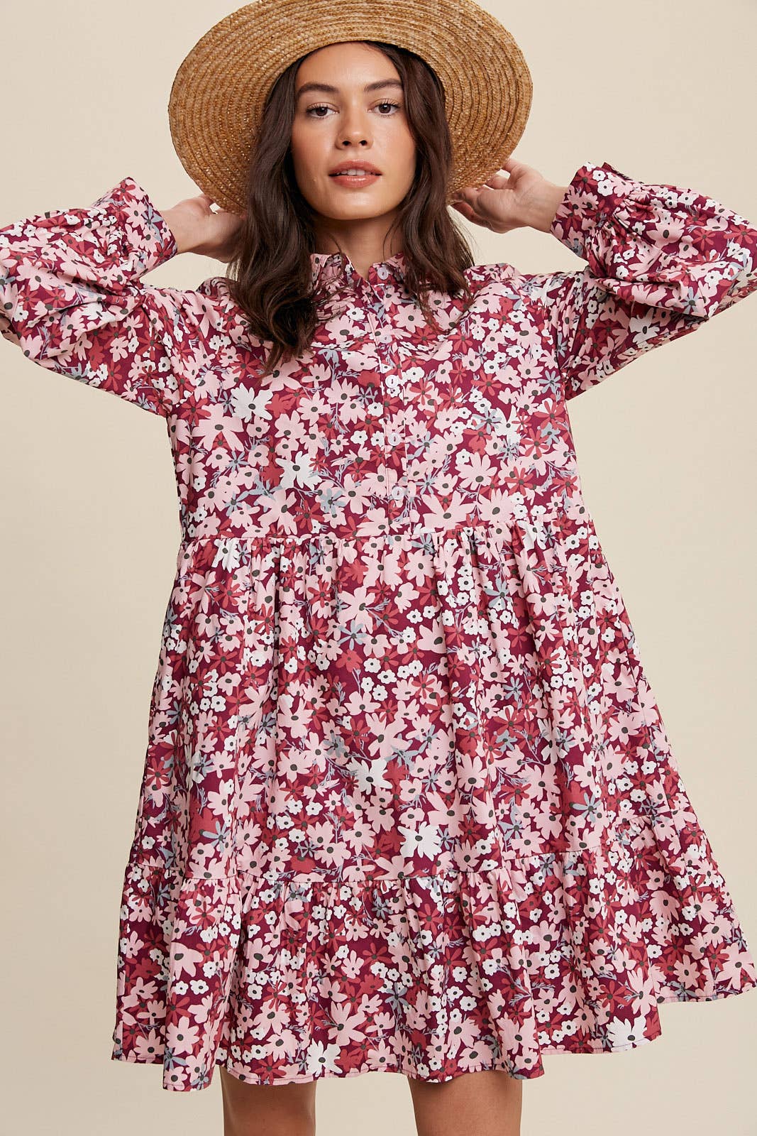 Bold Floral Tiered Shirt Dress