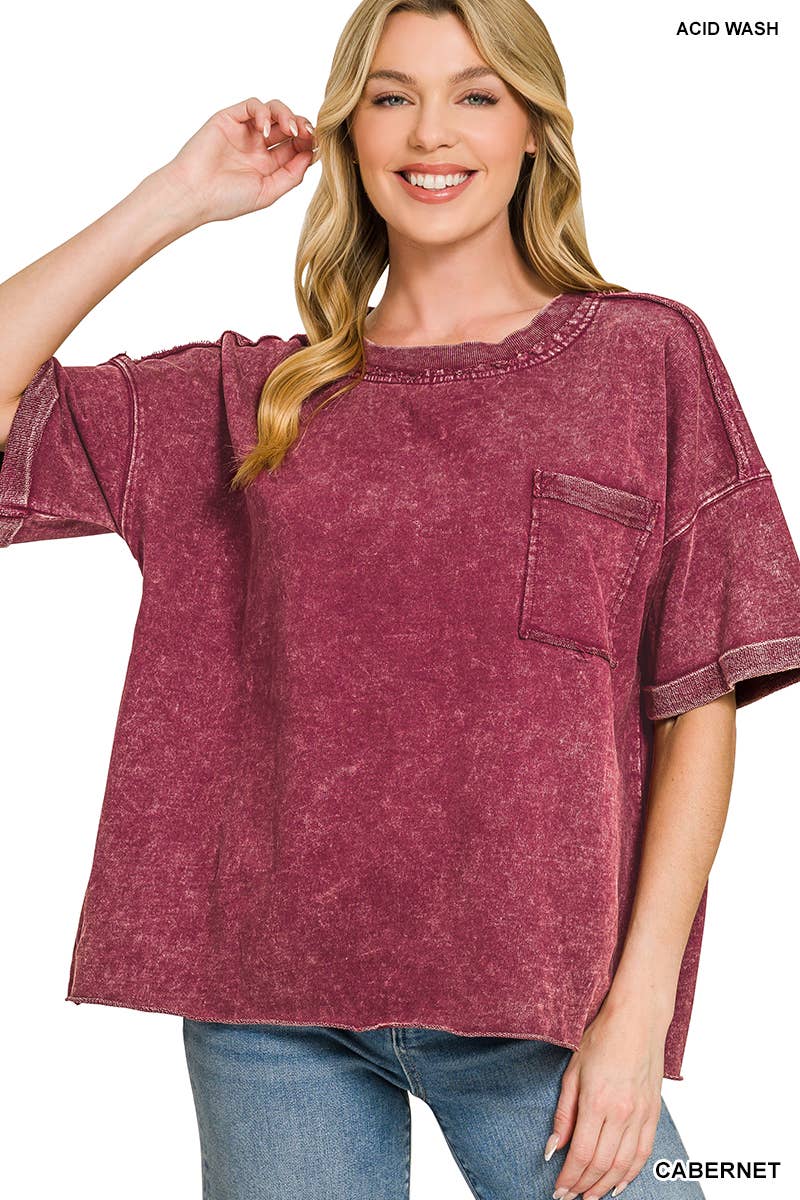 French Terry Acid Washed Exposed Seam T Shirt - Zenana: CABERNET