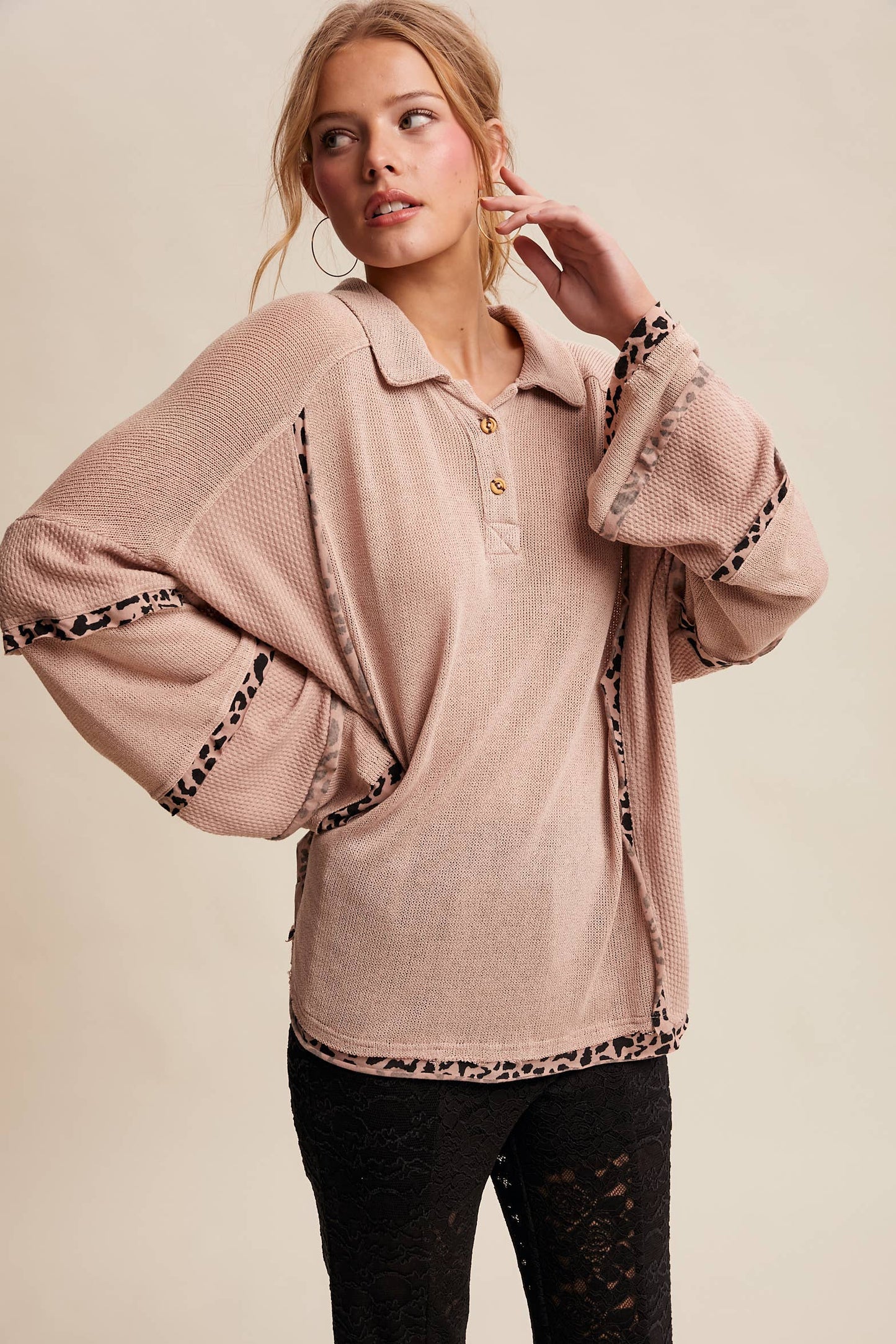 Leopard Trim Collared Thermal Top/ Dusty Pink