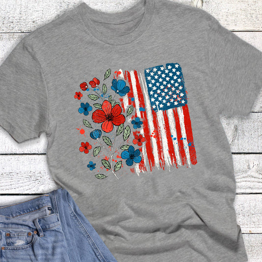 Patriotic Floral and Flag Graphic Tee: Gray