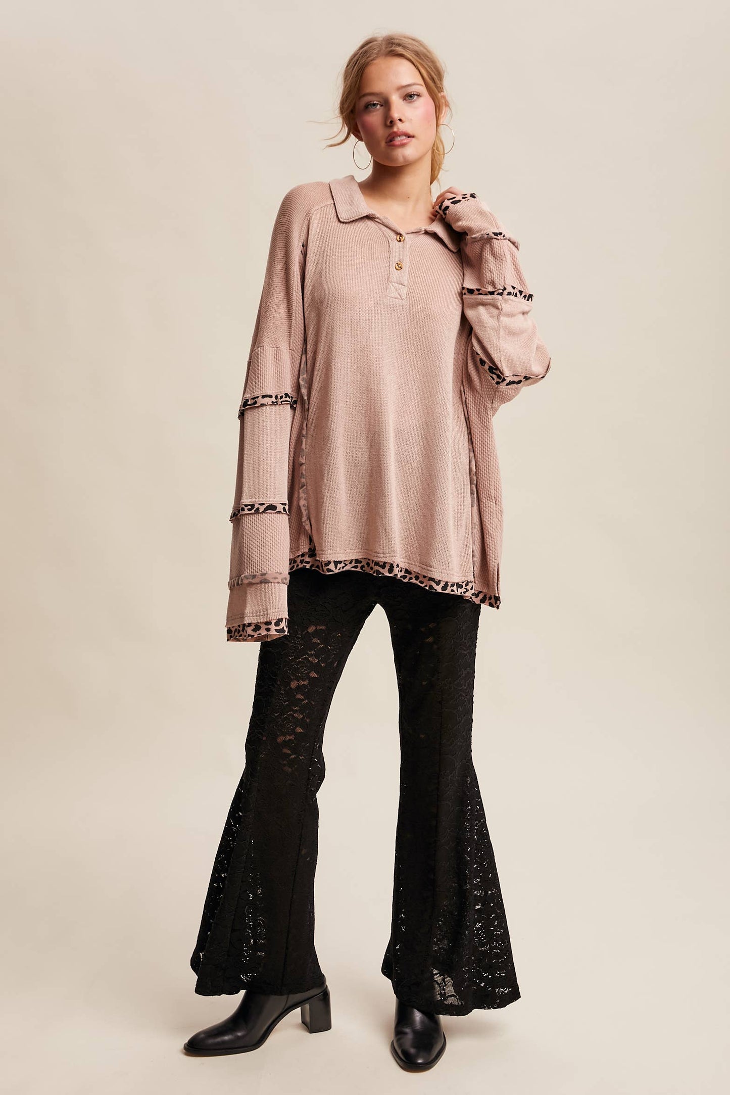 Leopard Trim Collared Thermal Top/ Dusty Pink