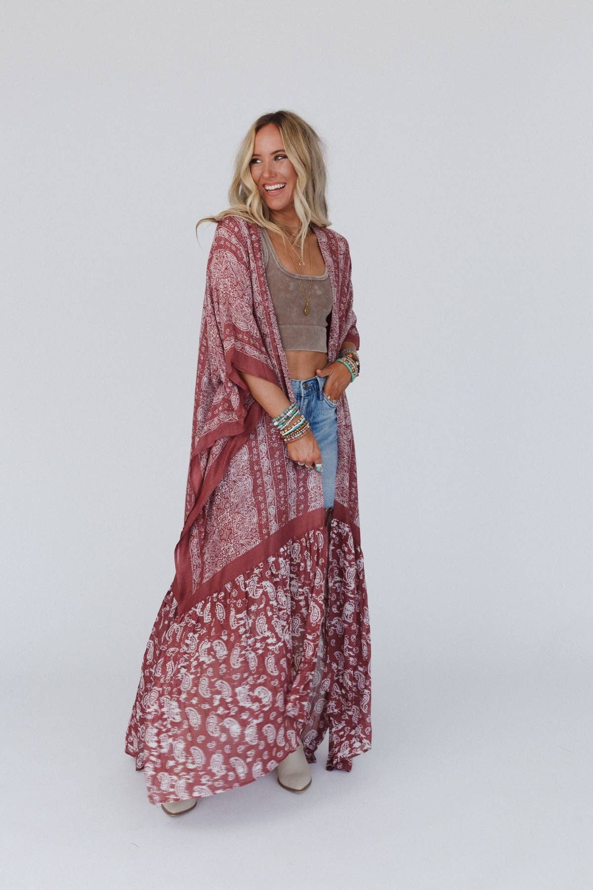 Paisley Tapestry Free Flow Duster Kimono - Wine
