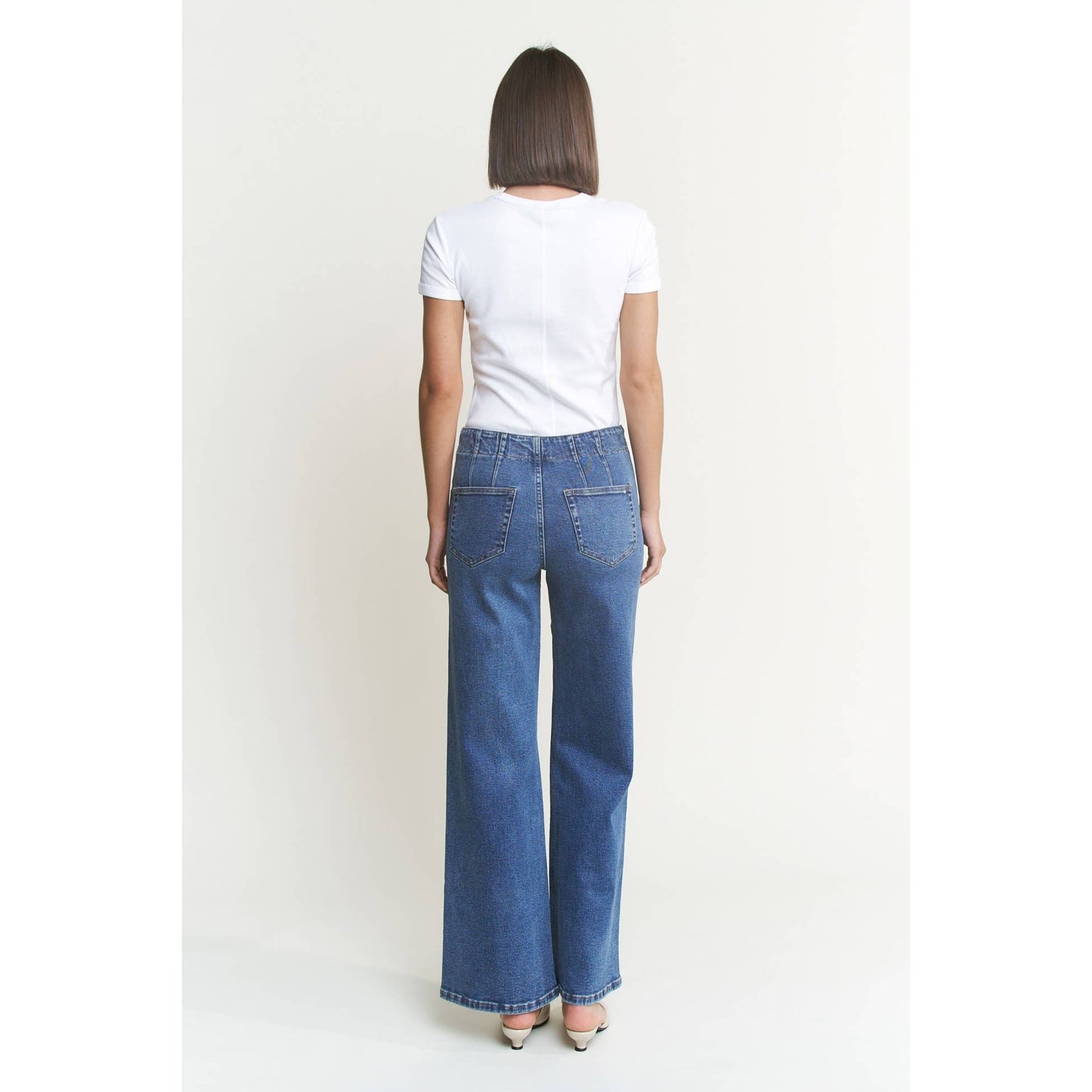 Mica- SUPER HIGH RISE WIDE LEG WITH Double Button: MEDIUM WASH