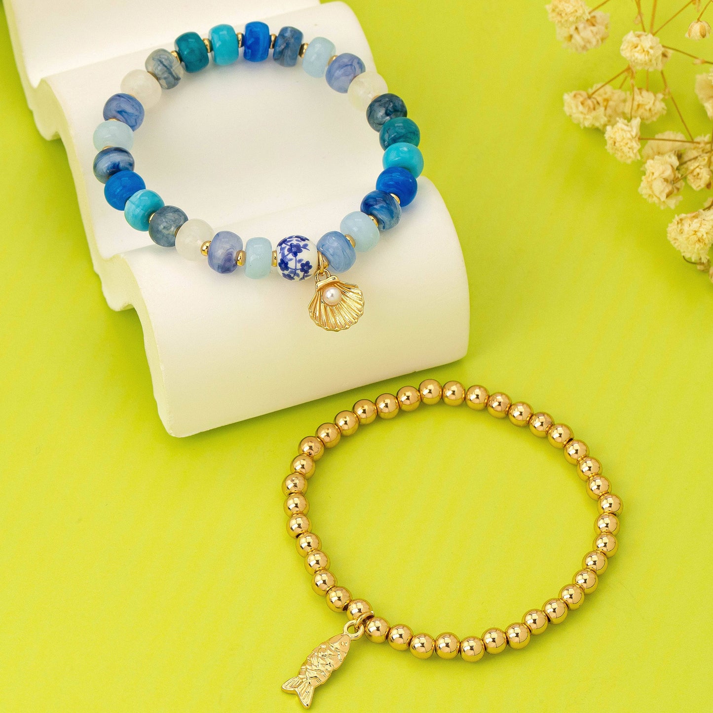 Nautical Blue Beaded Stretch Bracelet Set