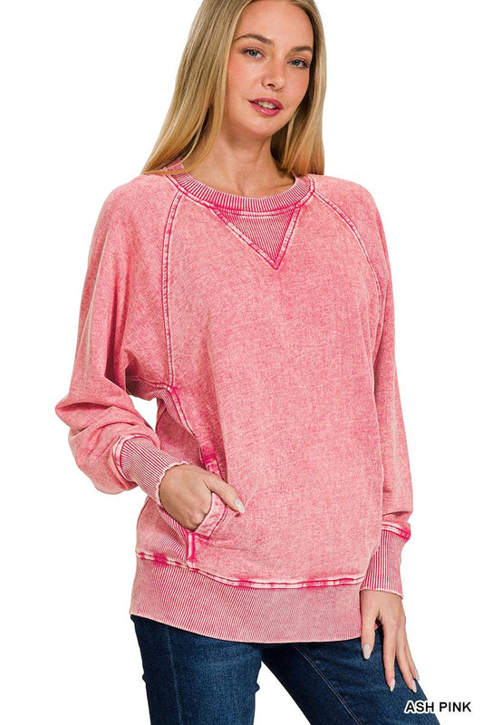 `Acid Washed French Terry Pullover With Pockets: ASH PINK