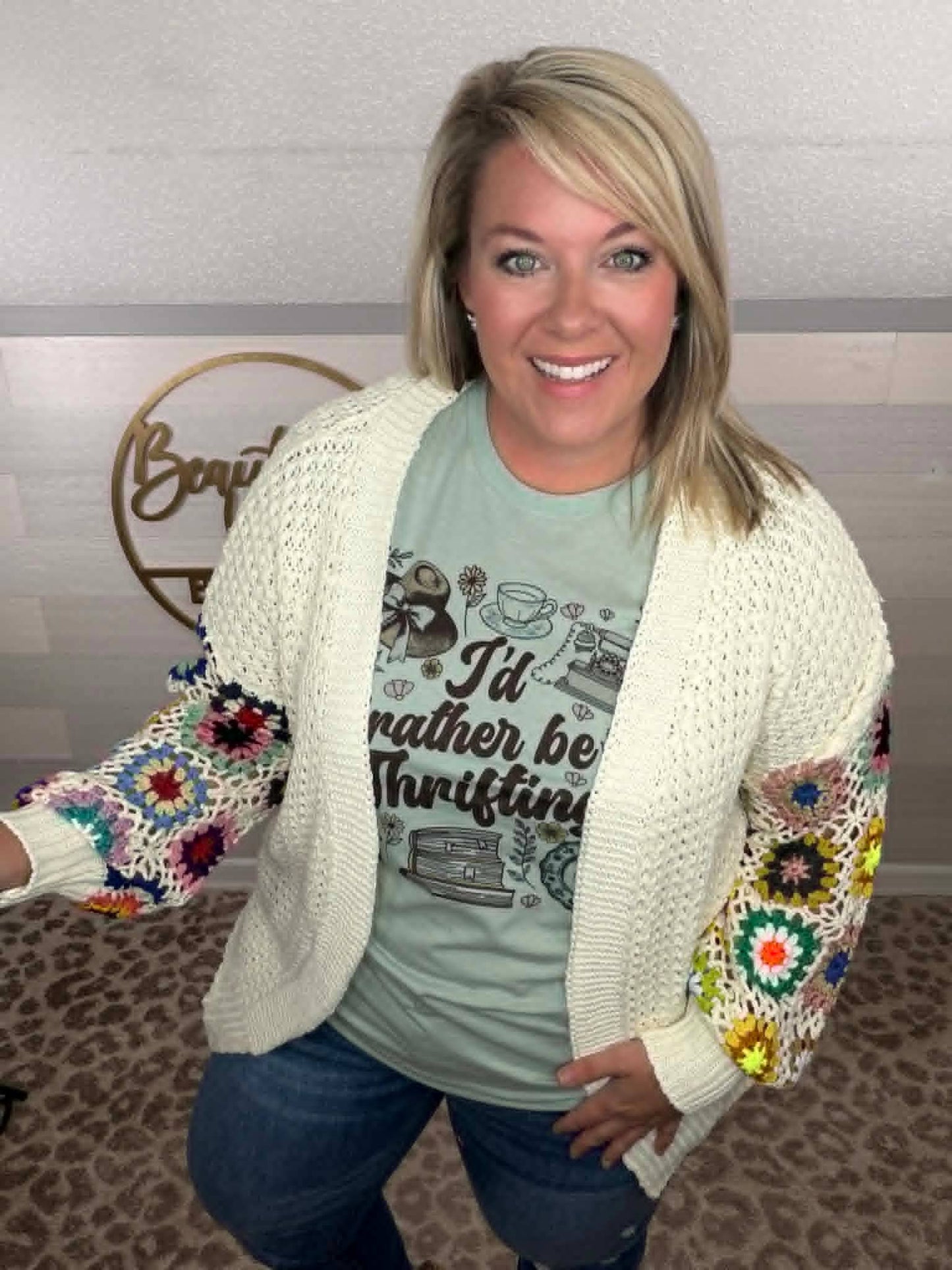 Vintage Rather be Thrifting Collage Dusty Green Graphic Tee