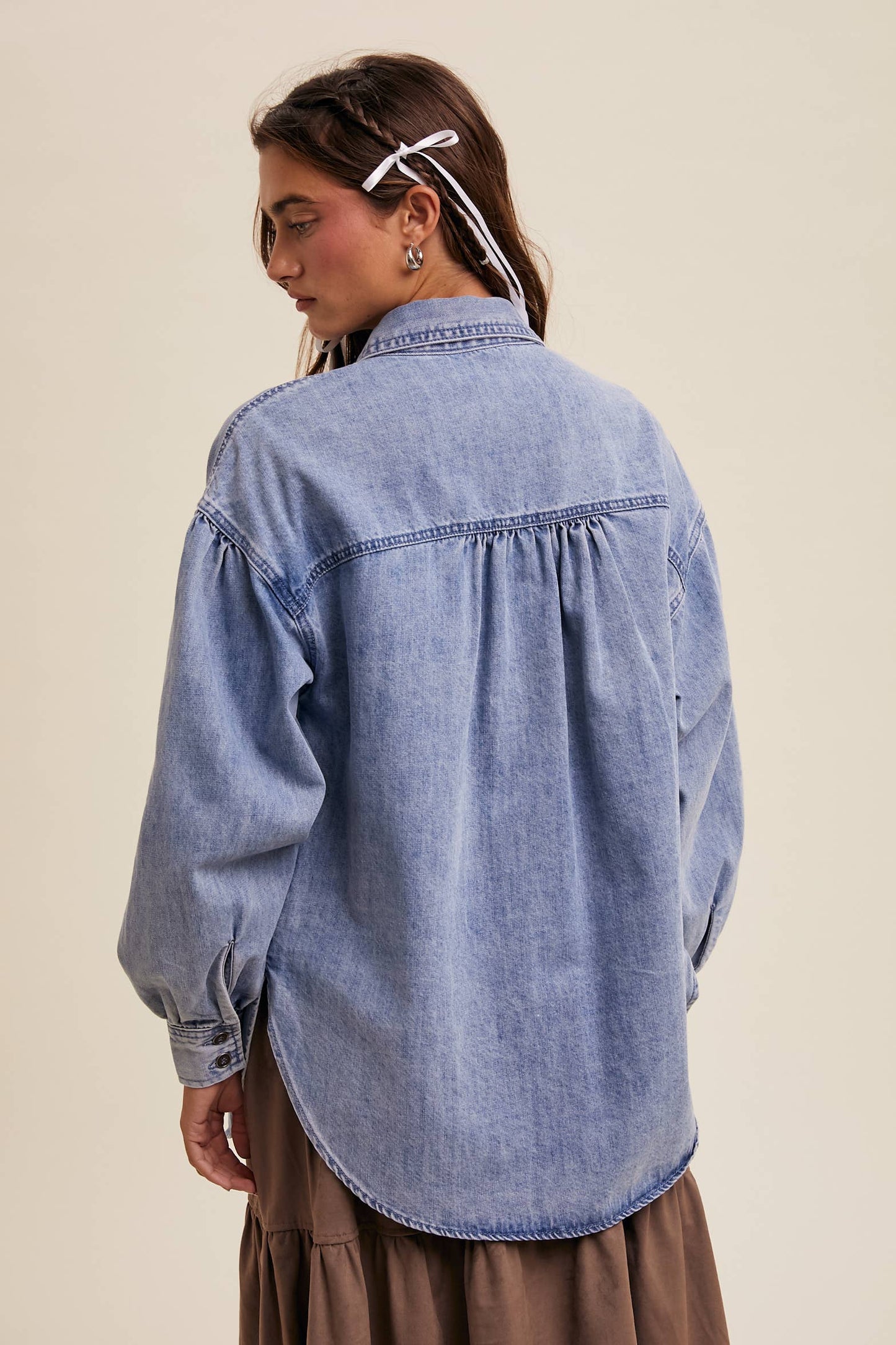 Heart Detail Oversized Denim Shirt/ Light Denim