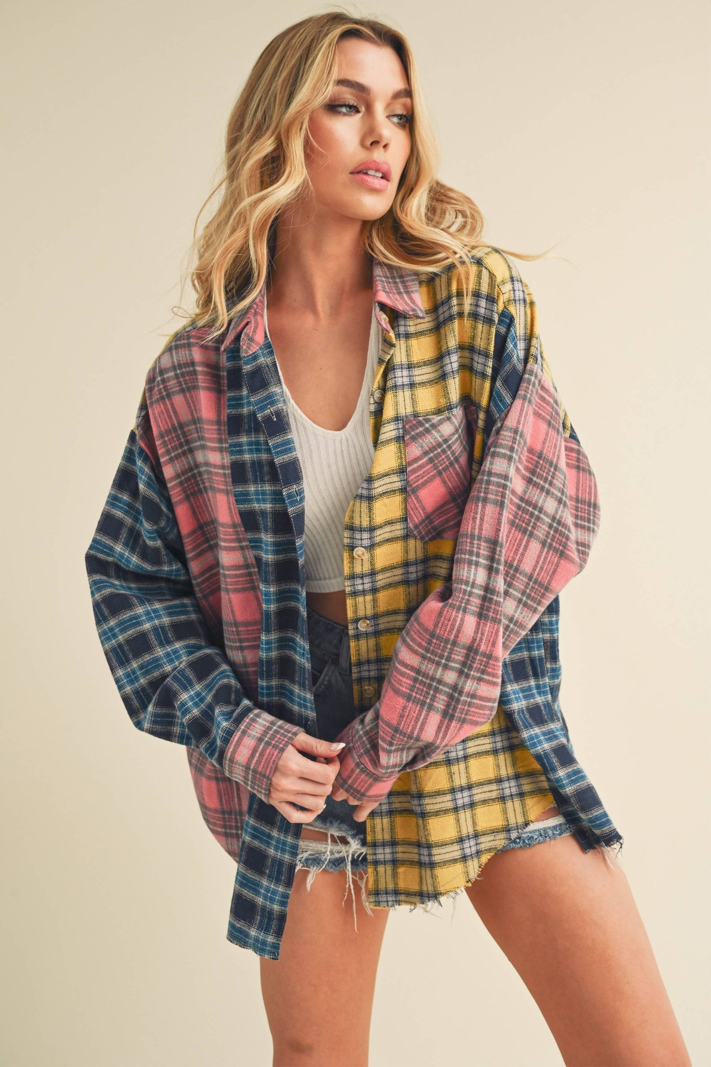 Neela Multi Color Plaid Flannel Shirt 1: Blue/Pink/Yellow