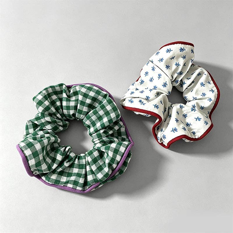 Elegant Retro Plaid Floral Refined Scrunchie: Blue Floral / One Size