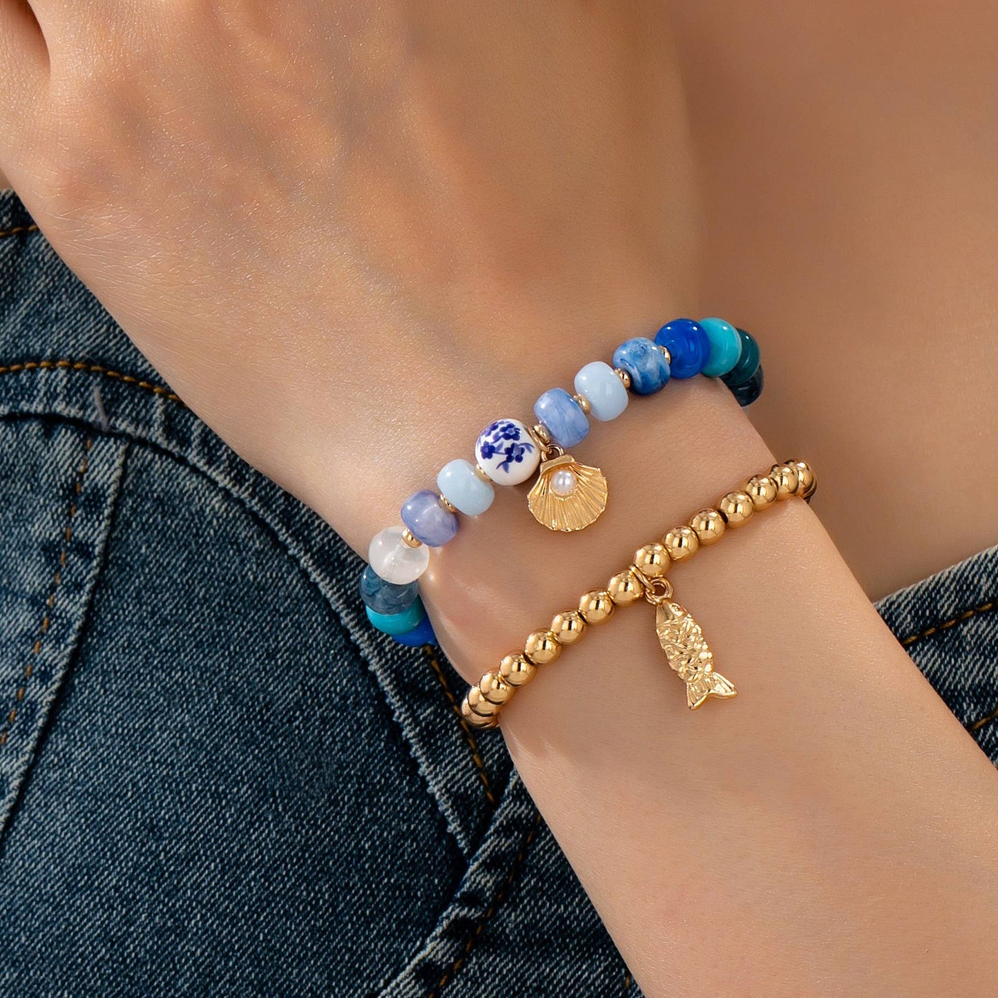 Nautical Blue Beaded Stretch Bracelet Set