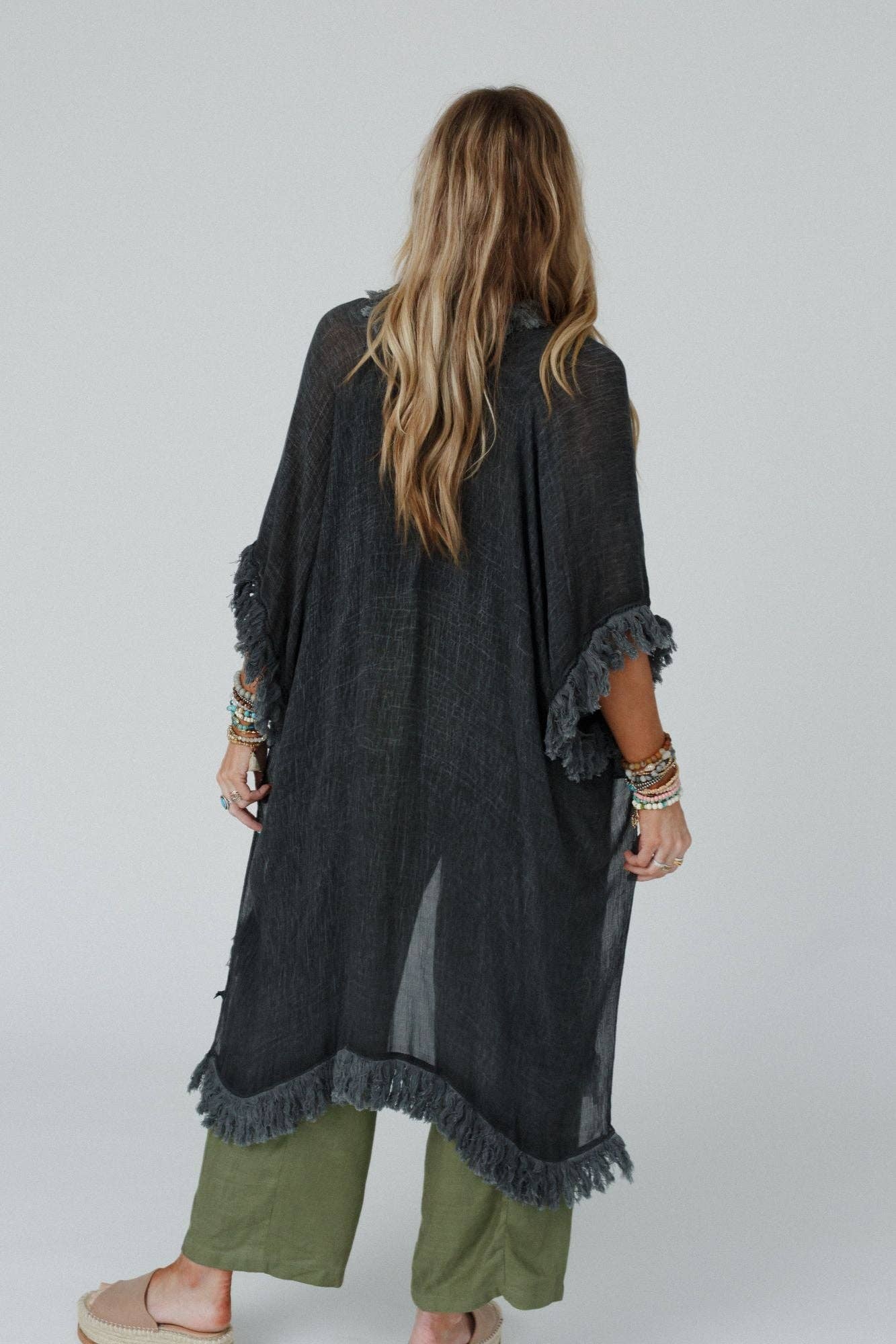 On The Edge Fringe Kimono - Charcoal: OS