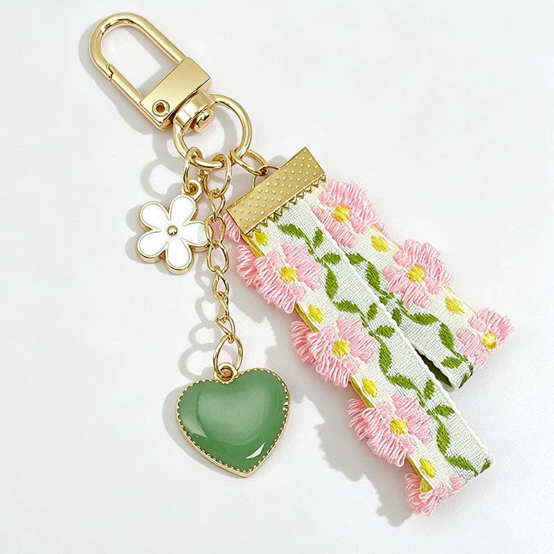 Fresh Floral Ribbon Butterfly Keychain: Pink Floral / One Size