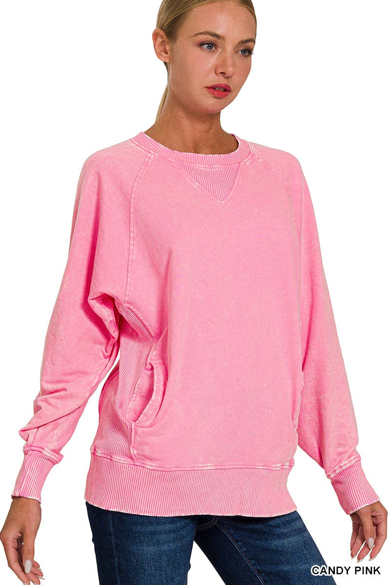 `Acid Wash French Terry Pullover w// Pockets: SLEET