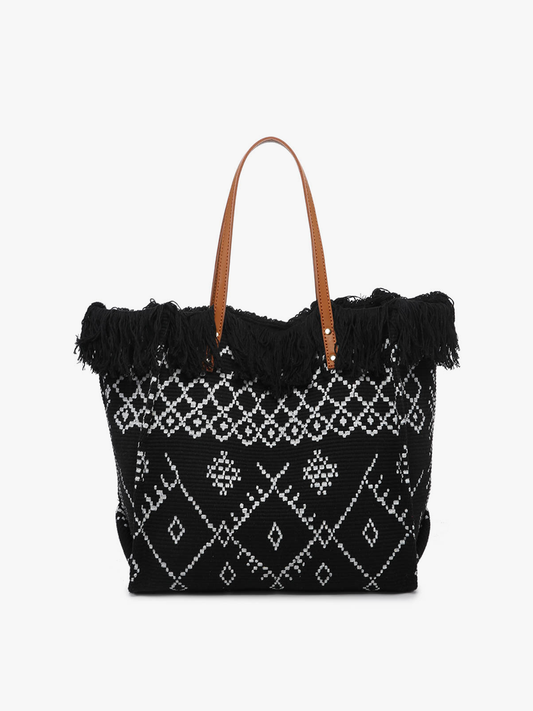 Madison Handwoven Fringe Tote – Woven Cotton Bag | Boho Black