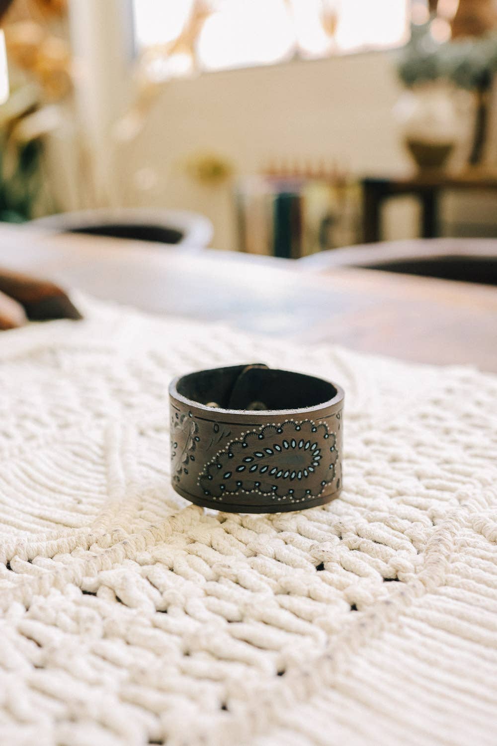 Boho Paisley Embossed Leather Bracelet – Unique Cuff