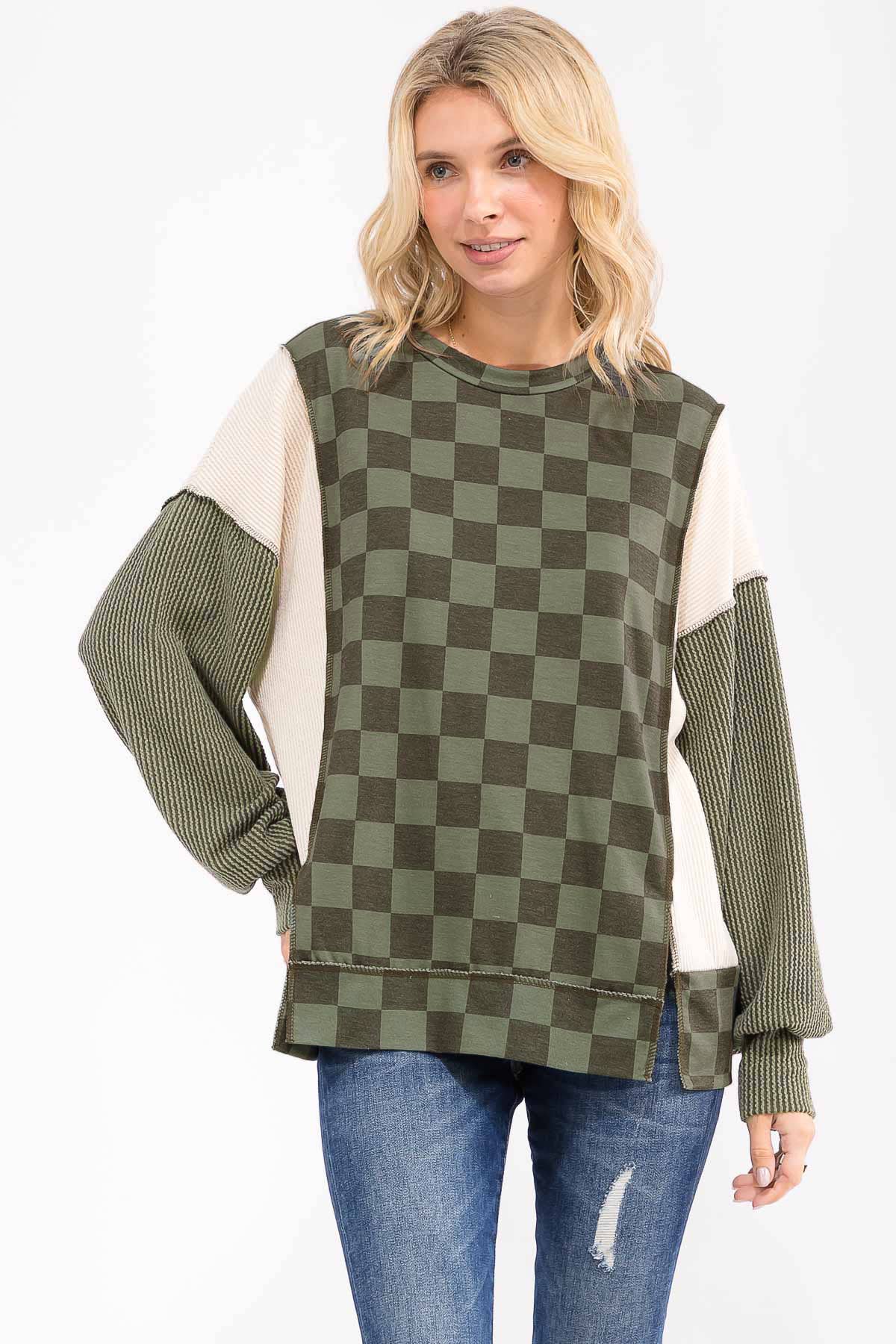 Checkered Print Long Sleeve Pullover Top/ Olive