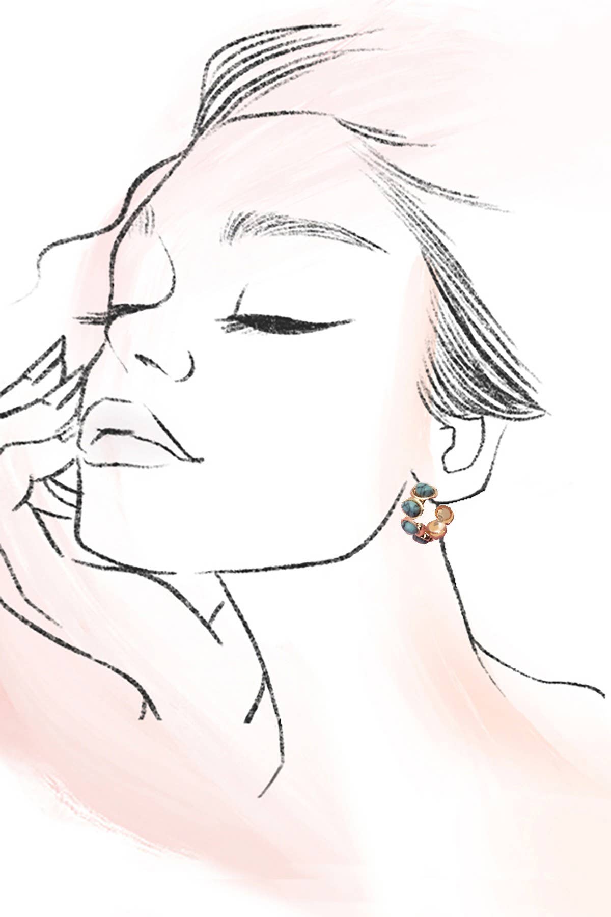 OVAL NATURAL STONE TURQ HOOP EARRINGS/ GOLD