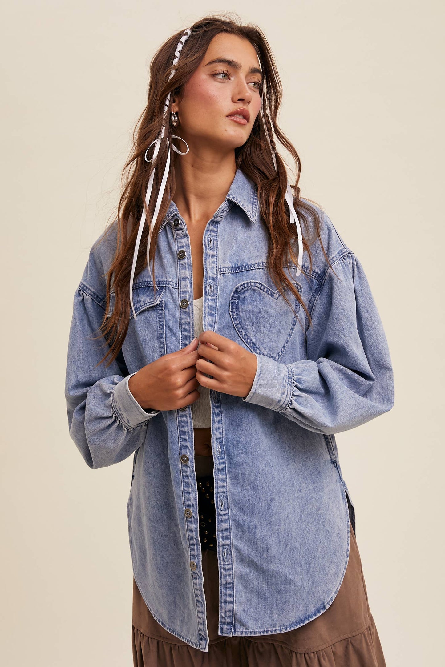 Heart Detail Oversized Denim Shirt/ Light Denim
