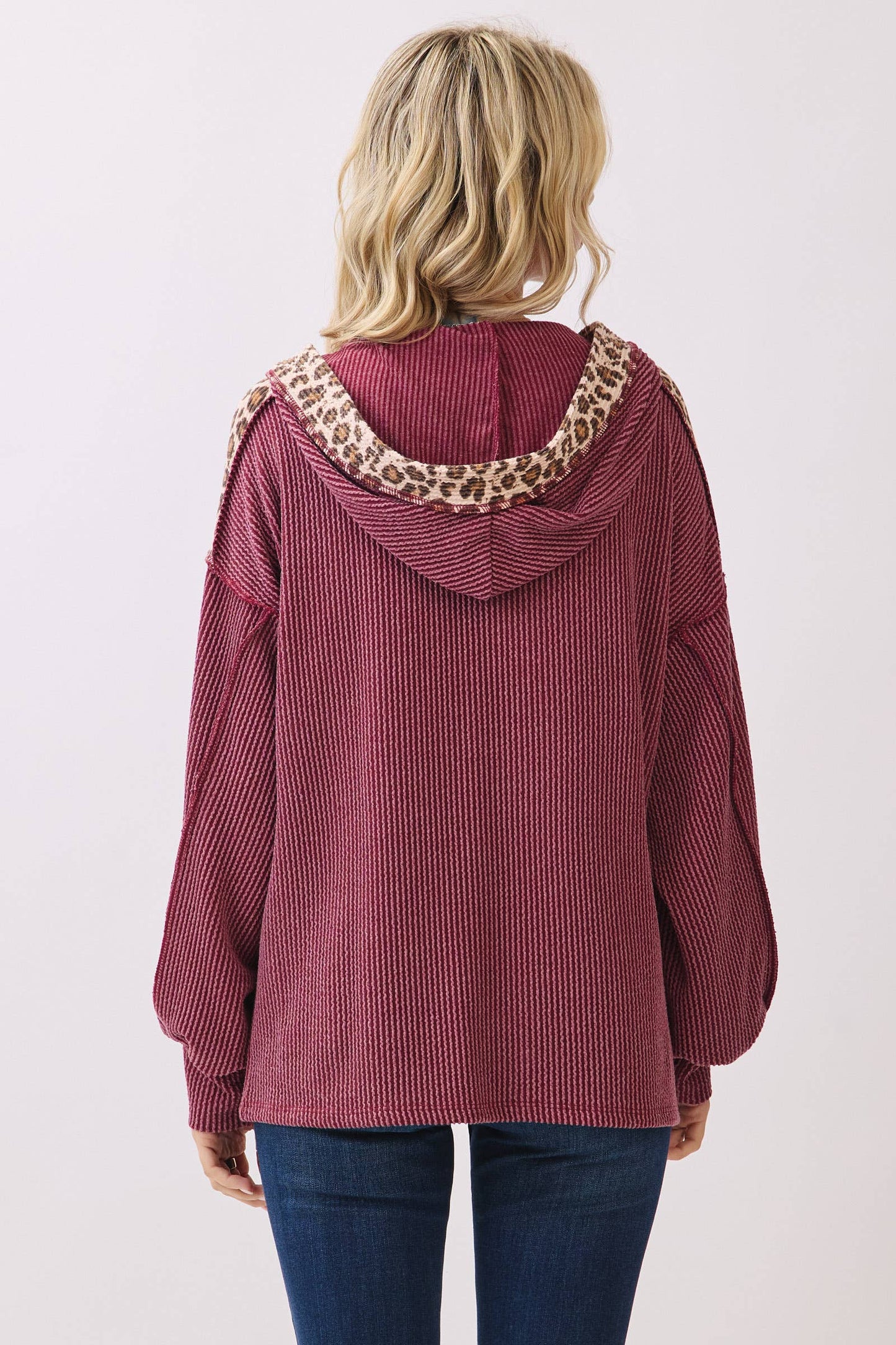 Leopard Contrast Button Front Hooded Sweatshirt/ Burgundy