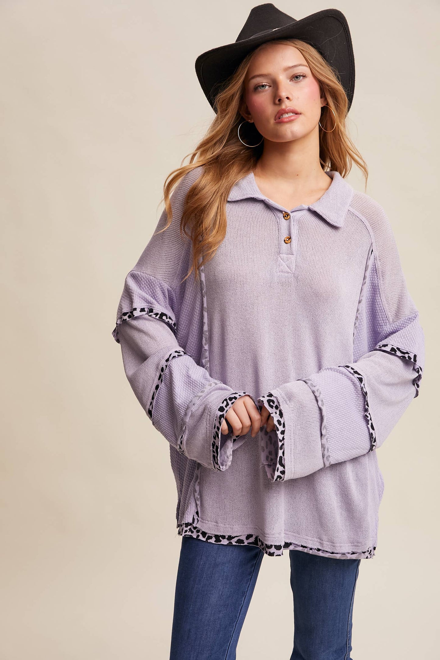 Leopard Trim Collared Thermal Top/ Lilac