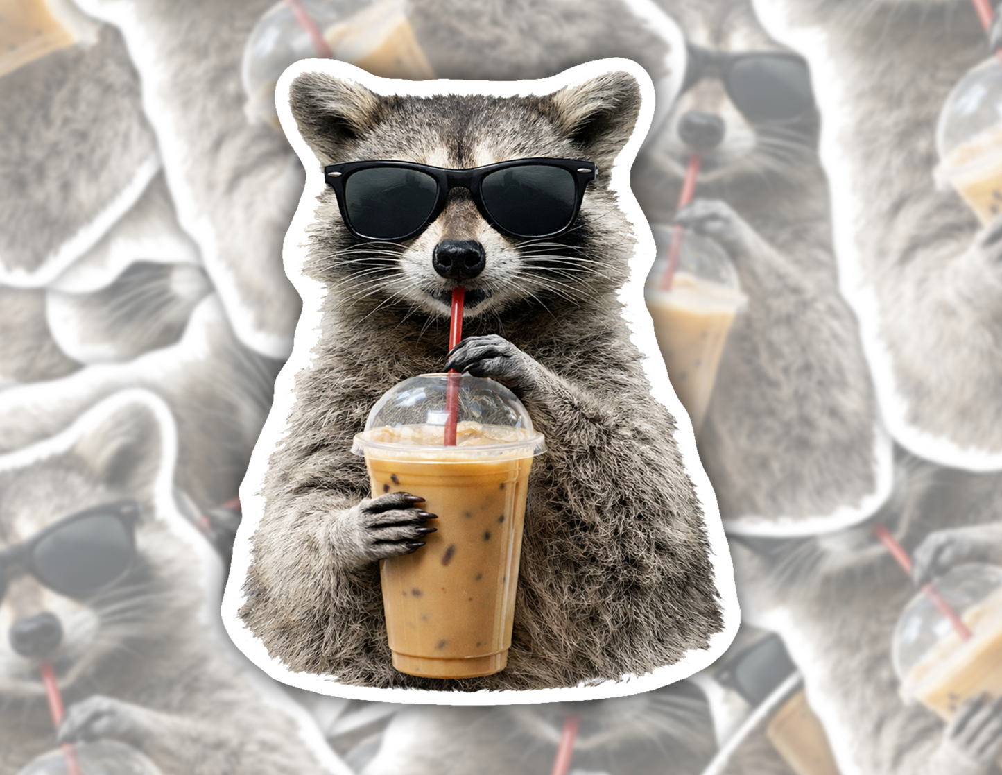 Cool Raccoon Iced Coffee Vinyl Sticker: 2" tall